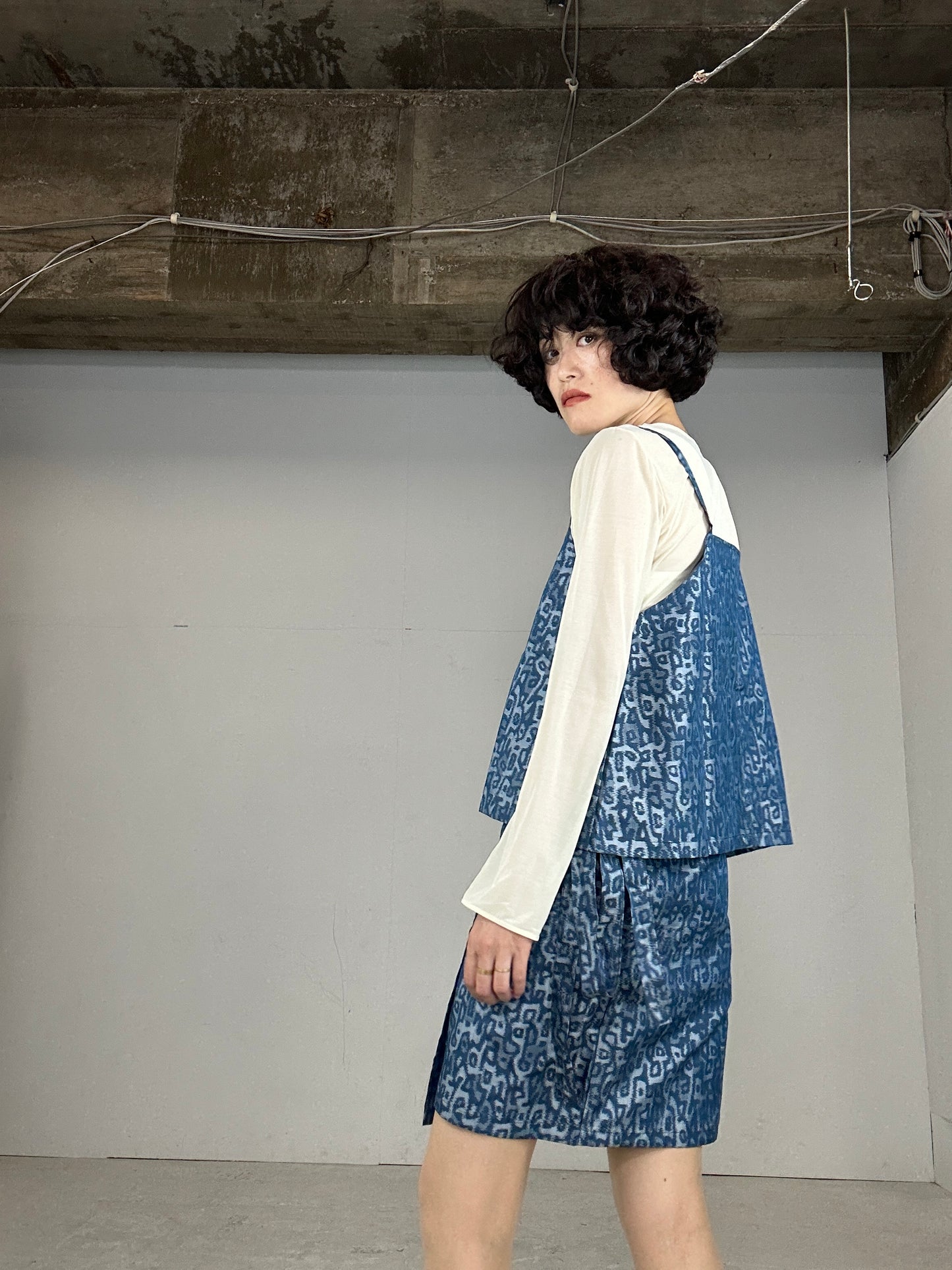 Tsumugi HAORI and KIMONO Skirt, Camisole upcycled from Japanese kimono"sarasa blue"