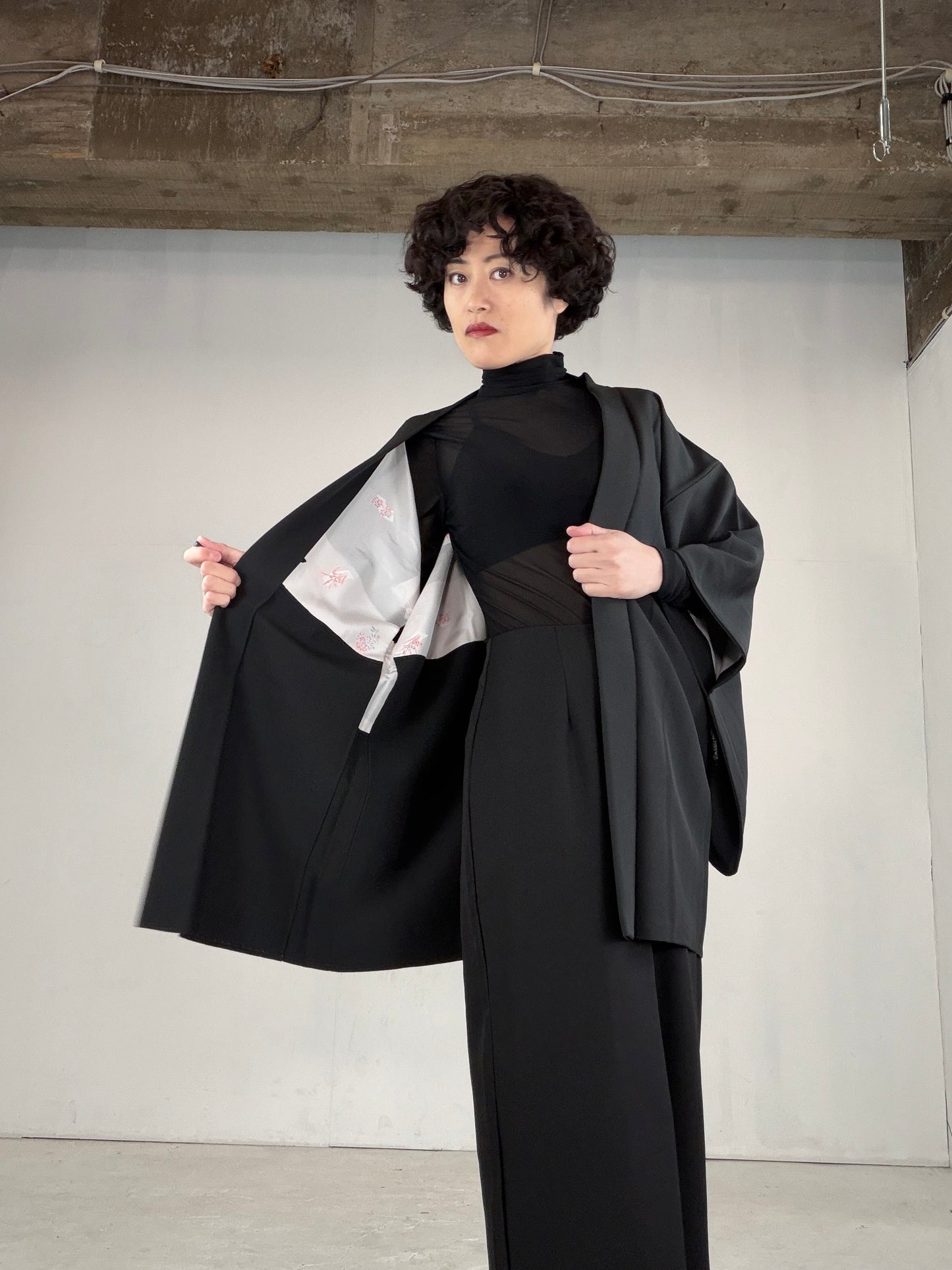 VINTAGE BLACK HAORI  "pink, flower, BLK152"