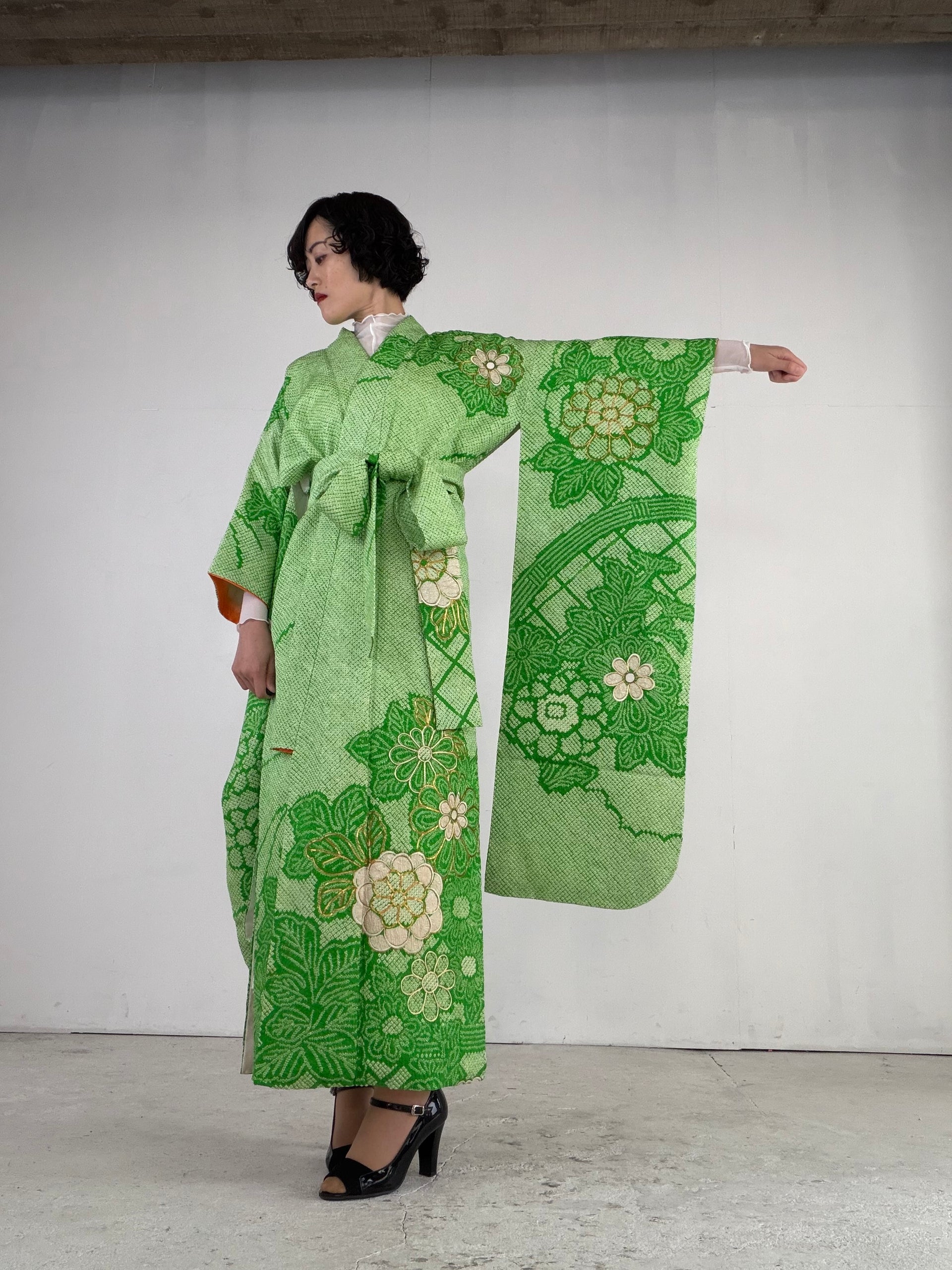 kimono dress green Furisode Gown with String Belt – Upcycled from Vintage Japanese Kimono shibori, green, kinkoma, DRE025