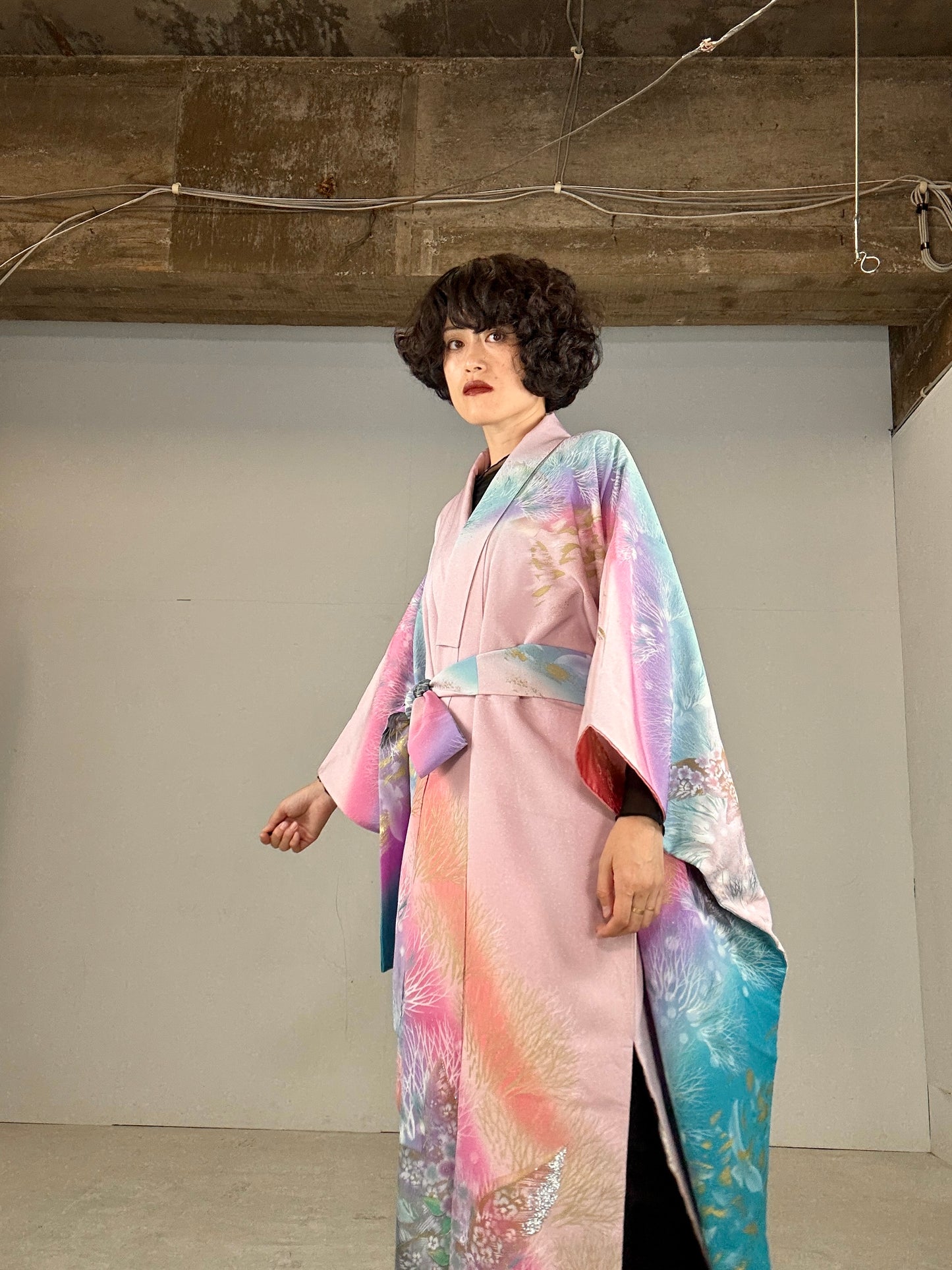 Furisode Kimono dress gown and string belt upcycled from Japanese kimono "sky gradient bird"