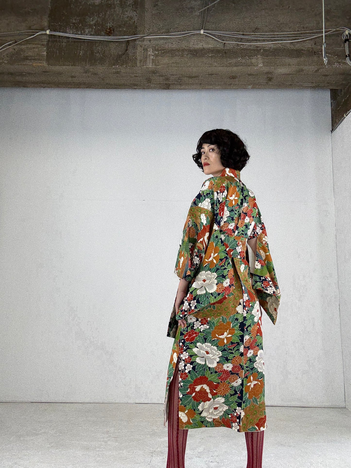 Kimono dress gown and string belt upcycled from Japanese kimono "hanadukushi" Big Ribbon