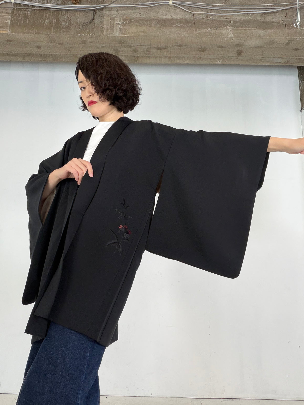 VINTAGE BLACK HAORI  "glitter, BLK205"*damage