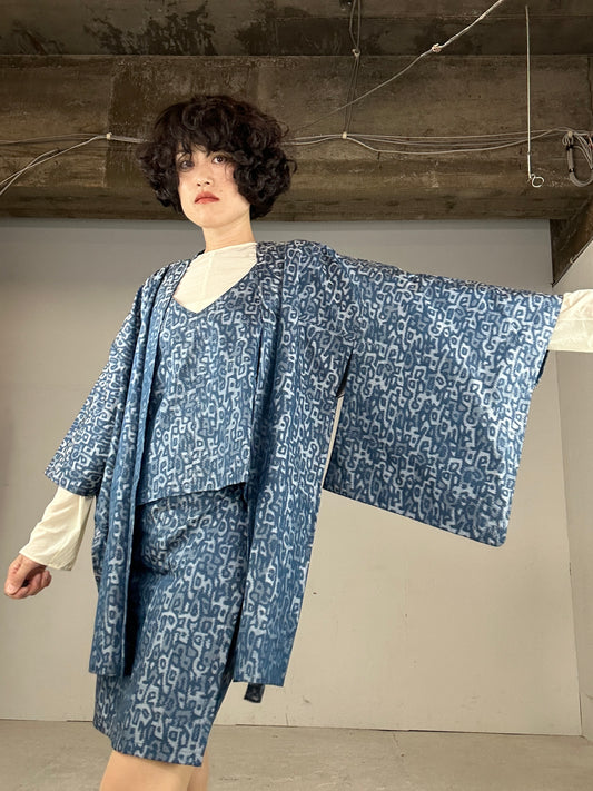 Tsumugi HAORI and KIMONO Skirt, Camisole upcycled from Japanese kimono"sarasa blue"