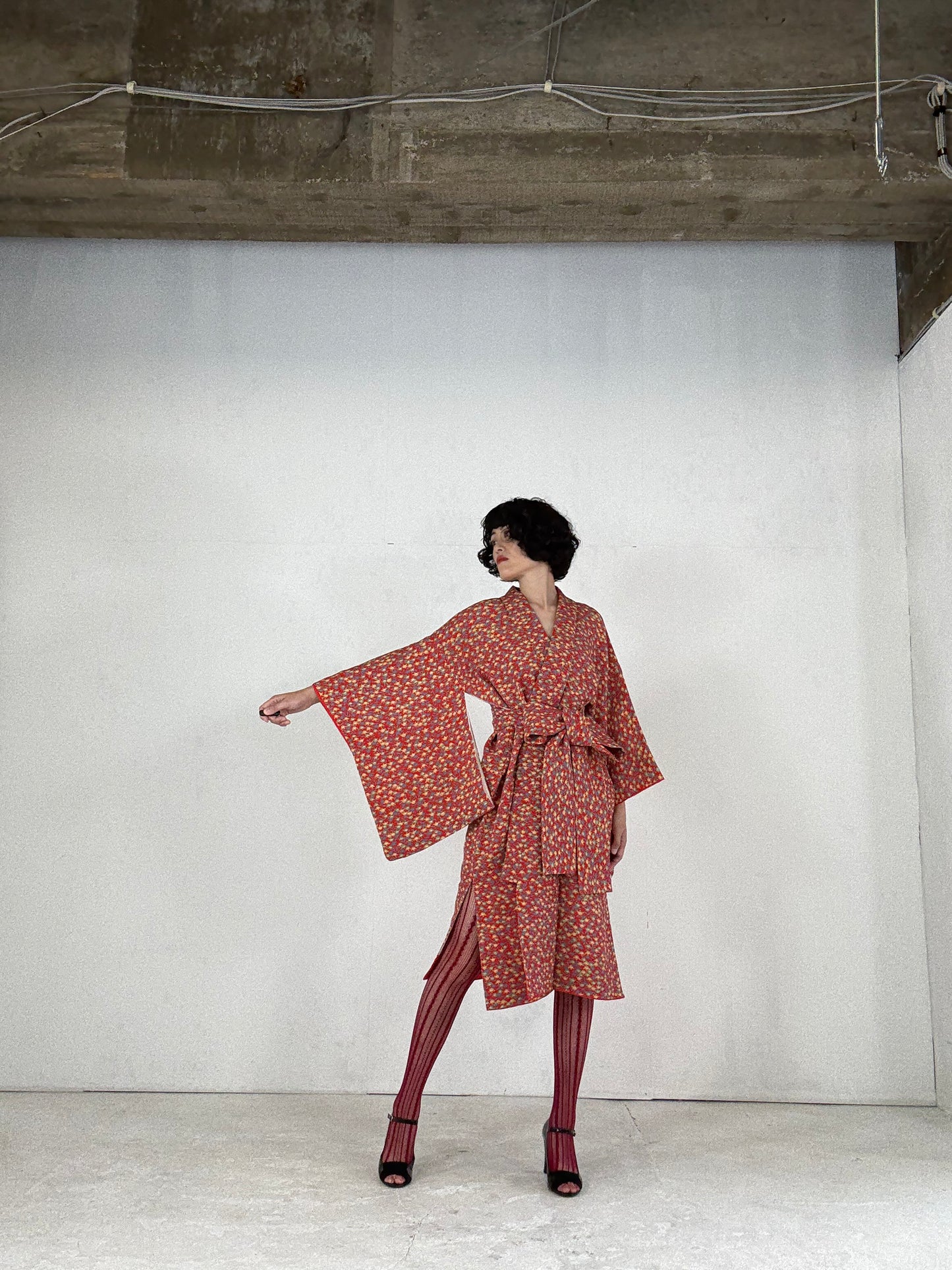 Kimono dress gown and string belt upcycled from Japanese kimono "tachibana" Big Ribbon