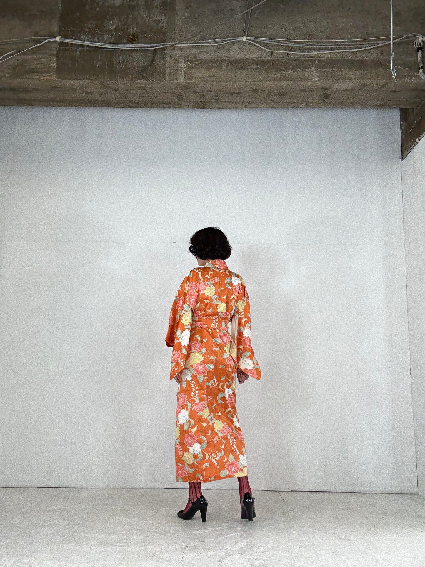 Kimono dress gown and string belt upcycled from Japanese kimono "komon youbana" *damage