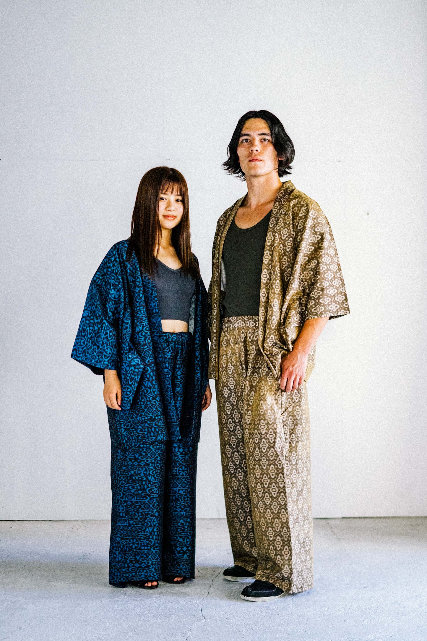 07gold Tsumugi HAORI and KIMONO elastic waist pants upcycled from Japanese kimono(Unisex)