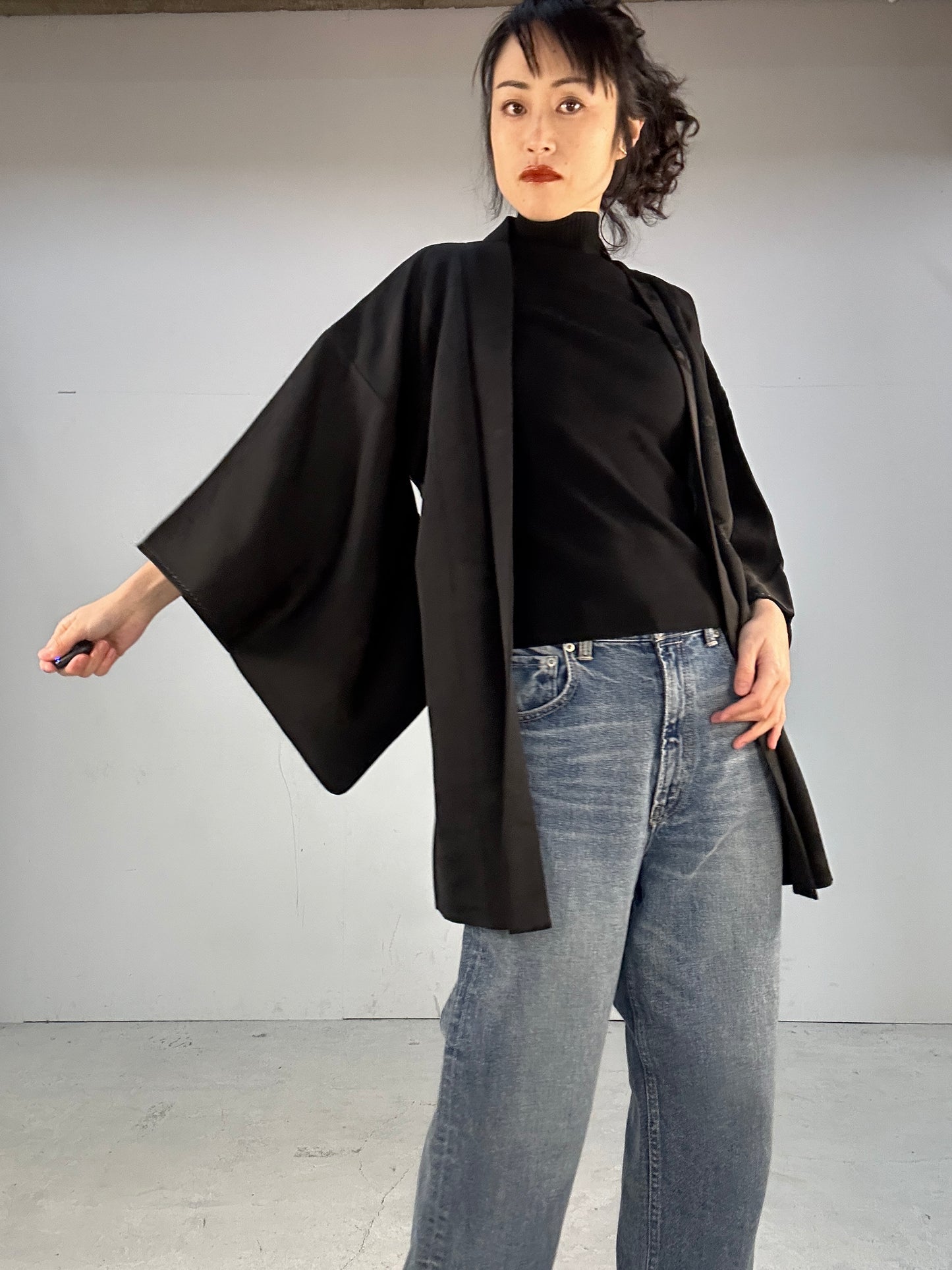 VINTAGE BLACK HAORI "ground pattern, four seasons, KAMON”