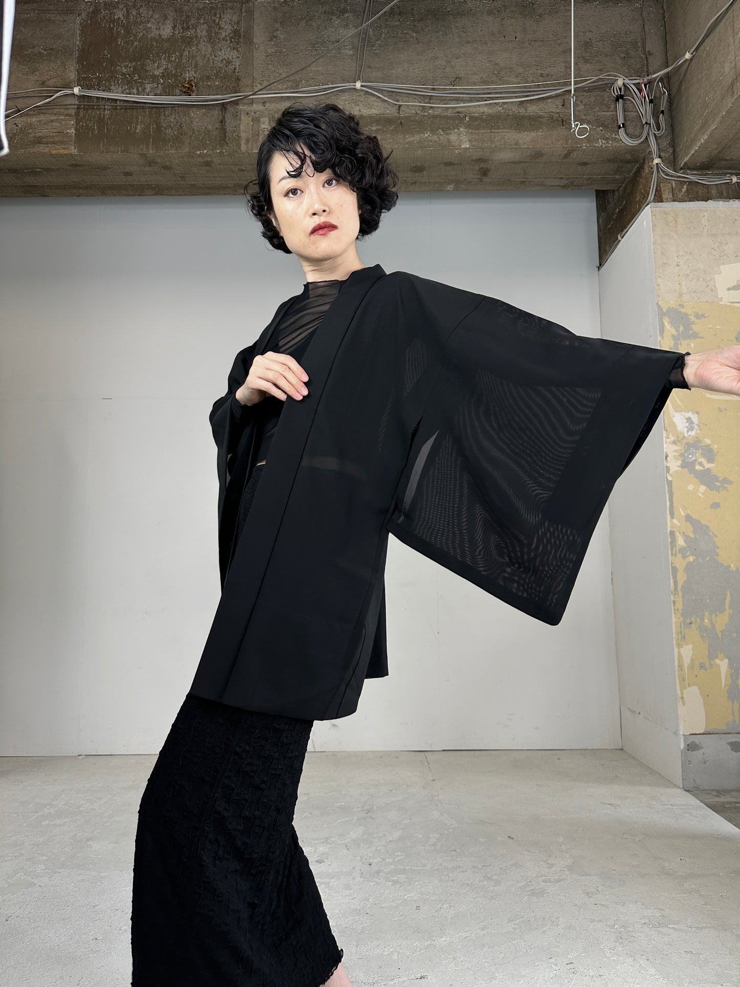 VINTAGE BLACK HAORI SHEER “ro_gin”