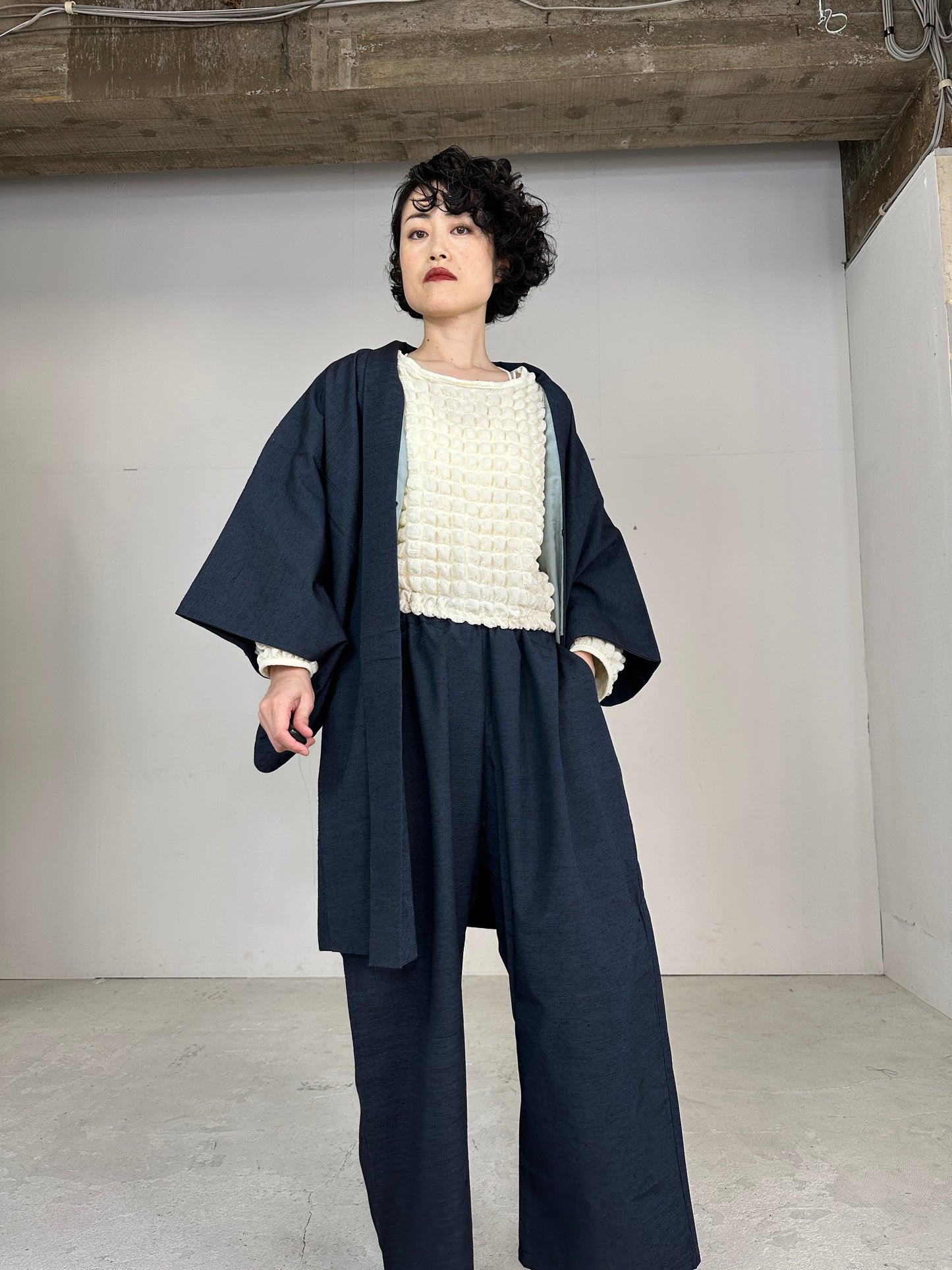 TAKA Tsumugi HAORI and KIMONO elastic waist pants upcycled from Japanese kimono