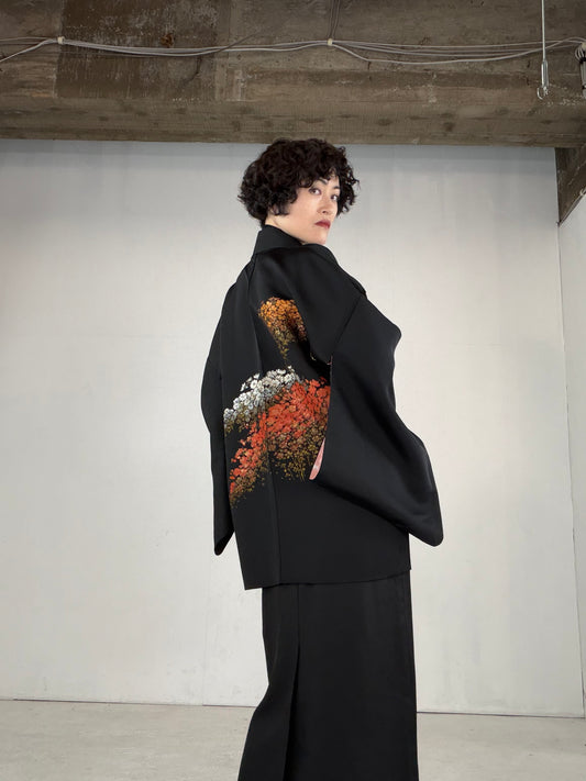 VINTAGE BLACK HAORI  "flower, BLK155"