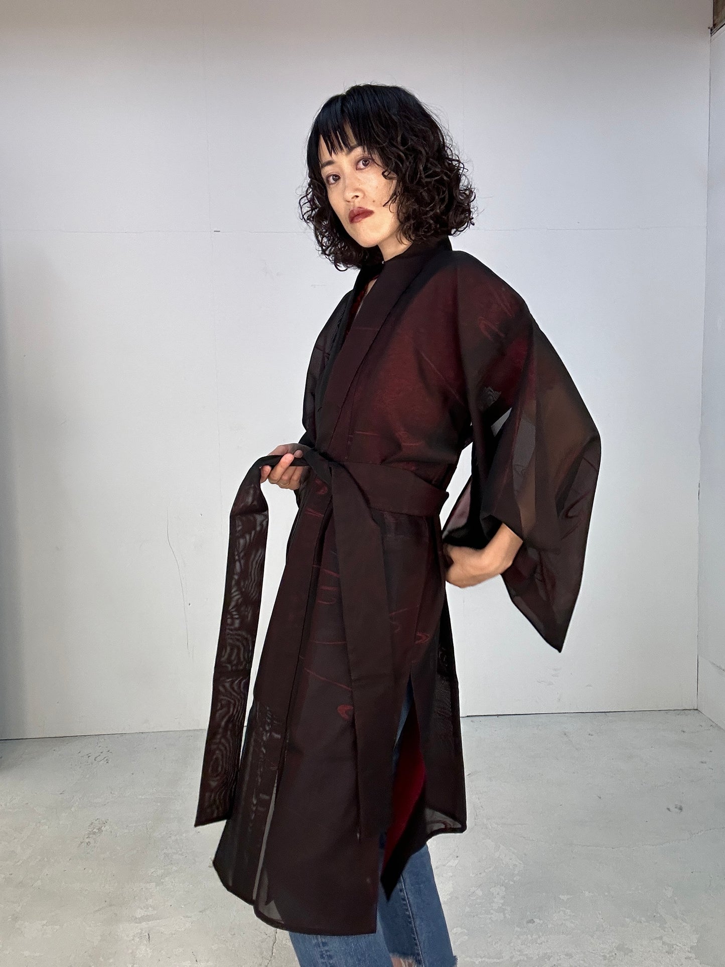 SHEER kimono dress gown and string belt upcycled from Japanese kimono