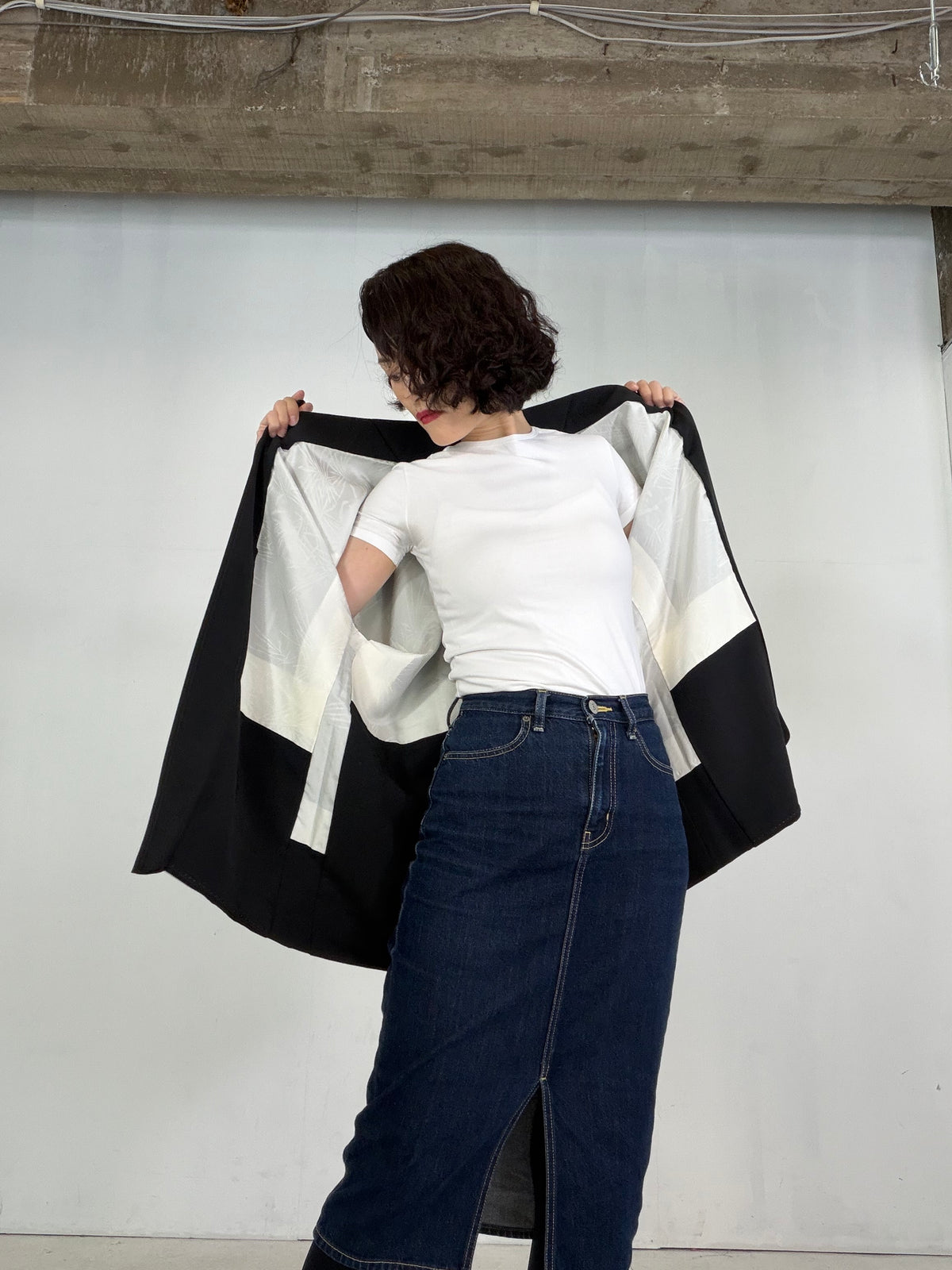 VINTAGE BLACK HAORI  " Wood Motif - BLK211"