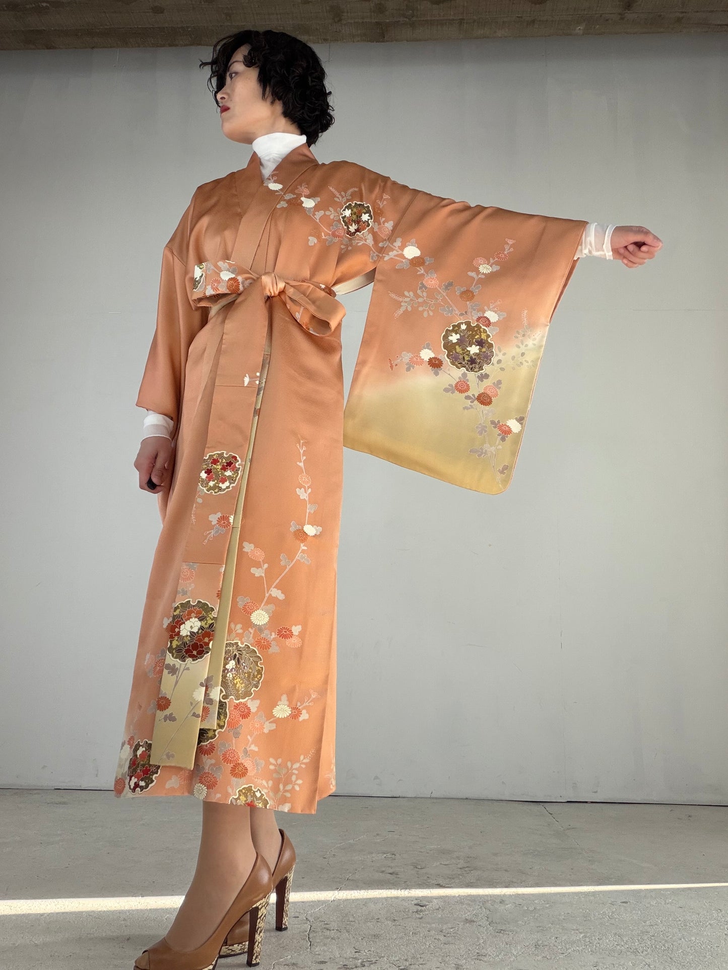 Houmongi Kimono Dress Gown with String Belt – Upcycled from Vintage Japanese Kimono "akebonoiro, DRE032"