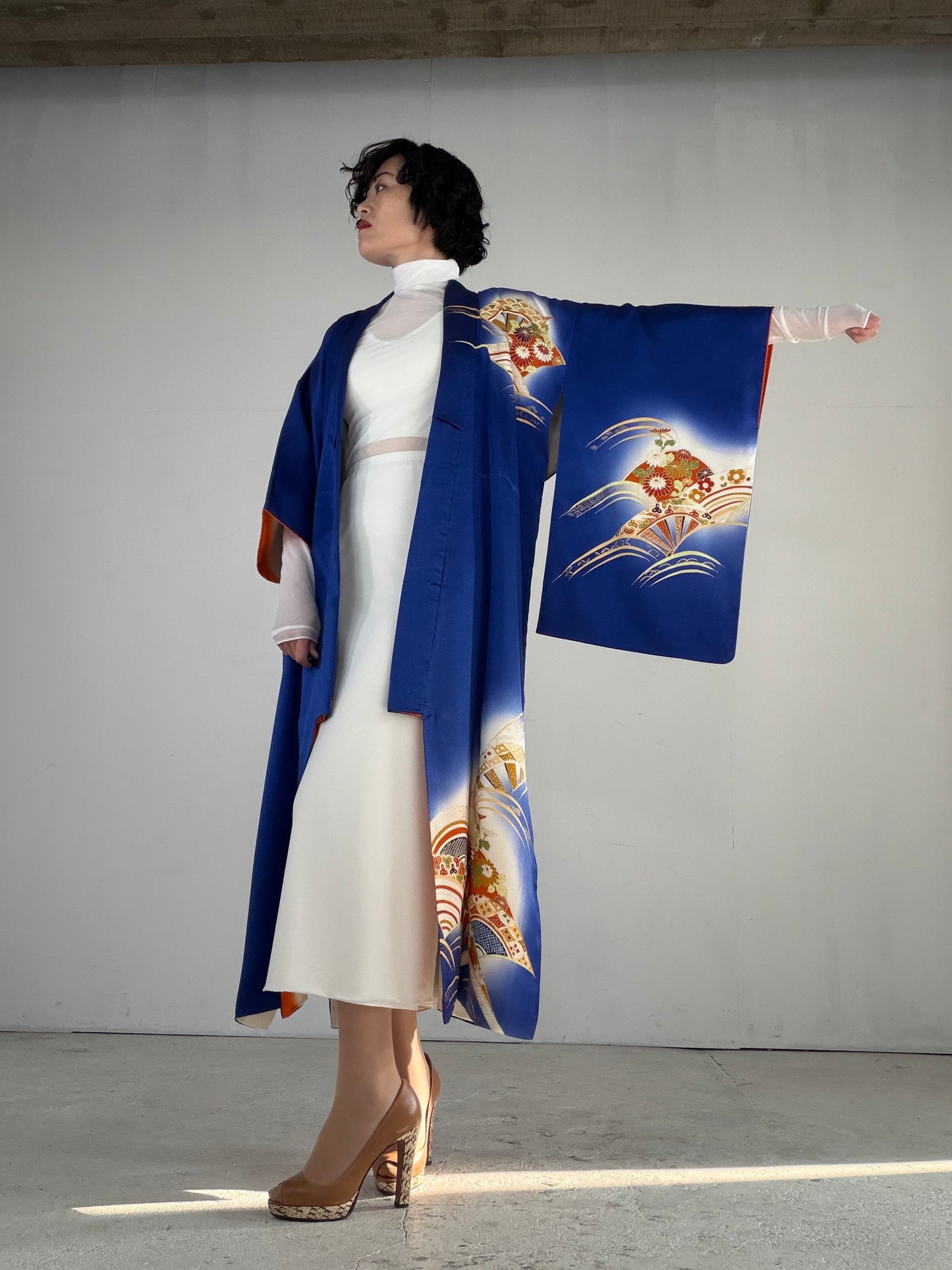 Houmongi Kimono Dress Gown with String Belt – Upcycled from Vintage Japanese Kimono "blue,genjiguruma, DRE033"