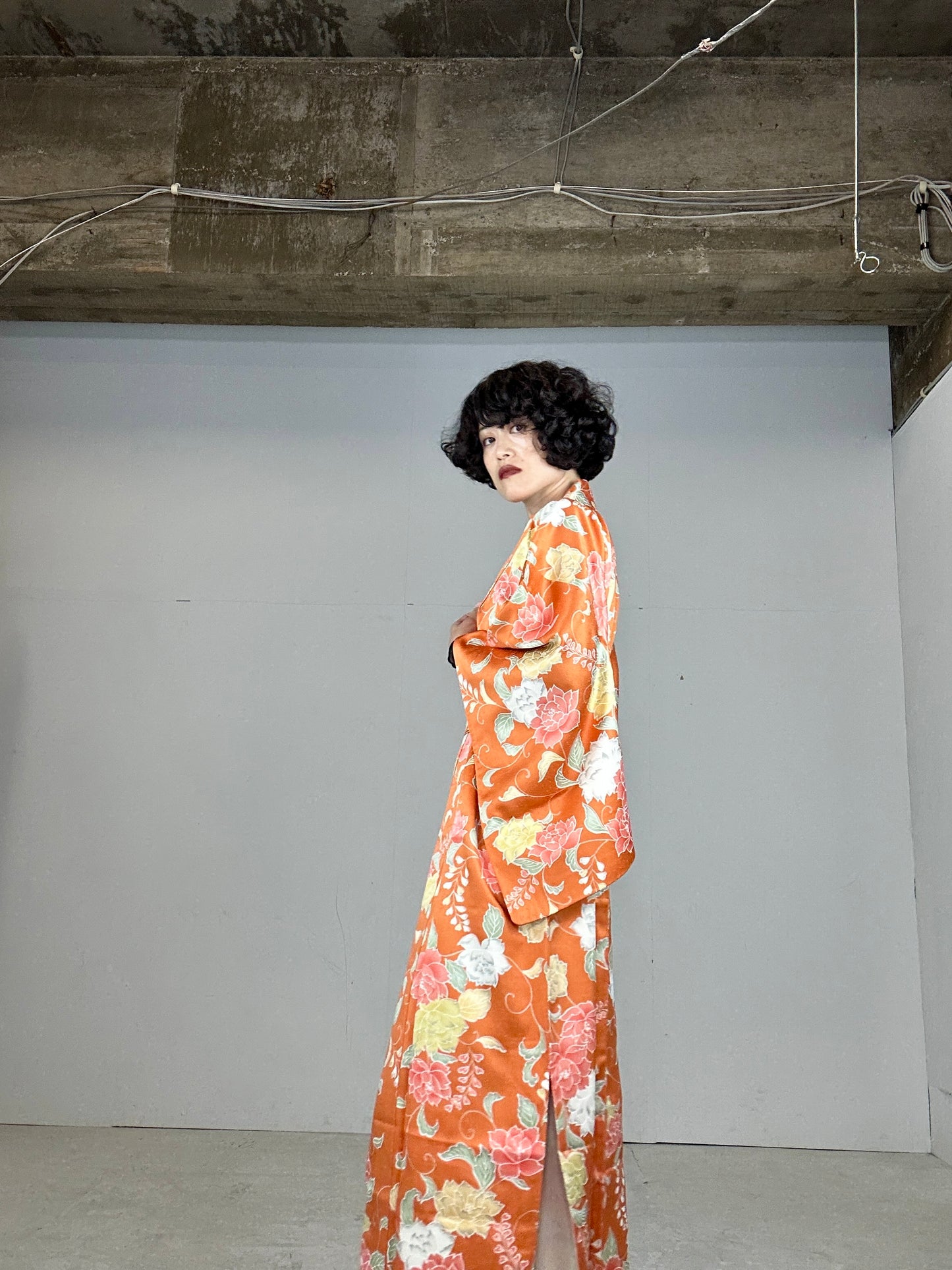 Kimono dress gown and string belt upcycled from Japanese kimono "komon youbana"