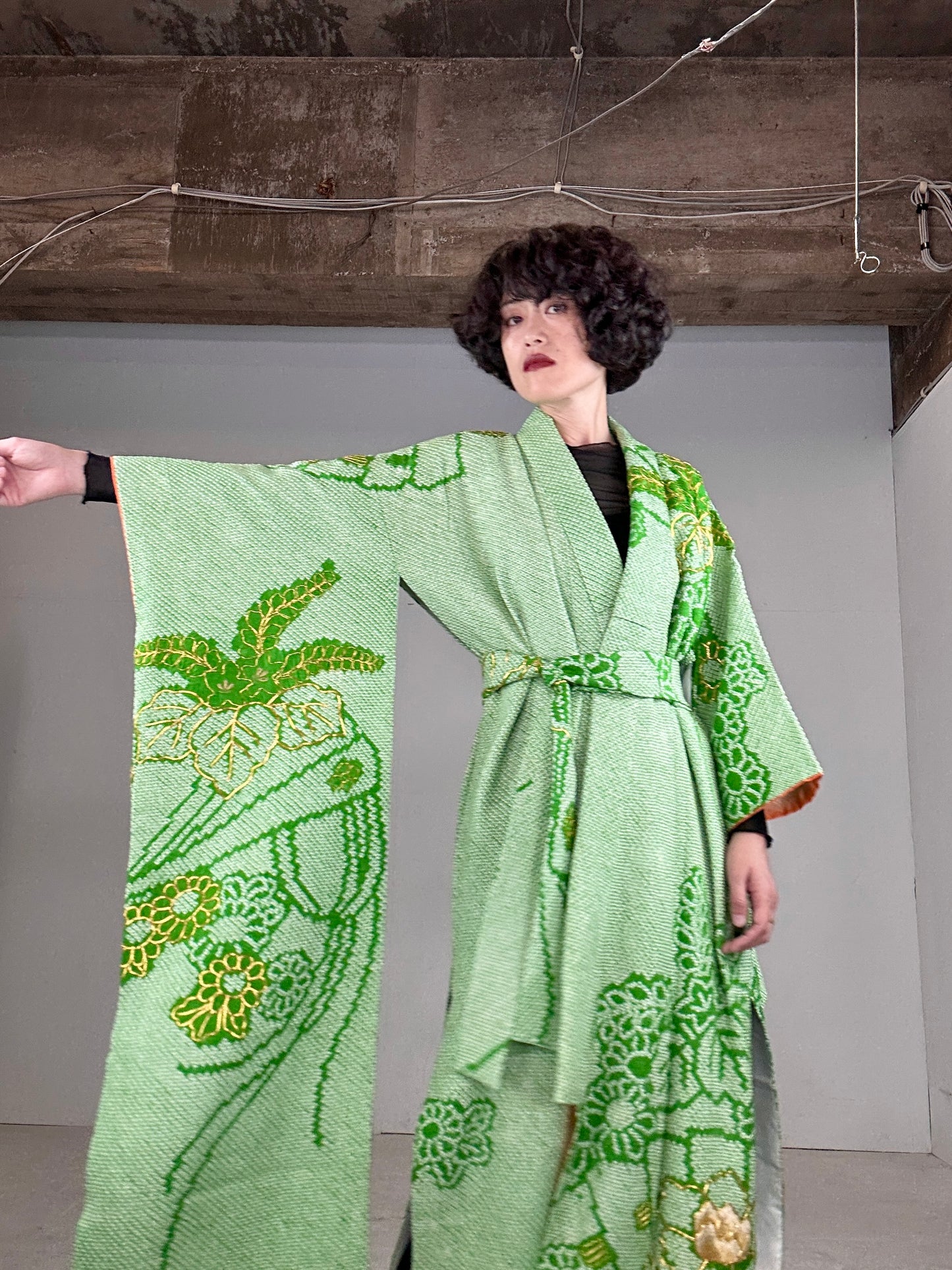 Furisode Kimono dress gown and string belt upcycled from Japanese kimono "shibori green"