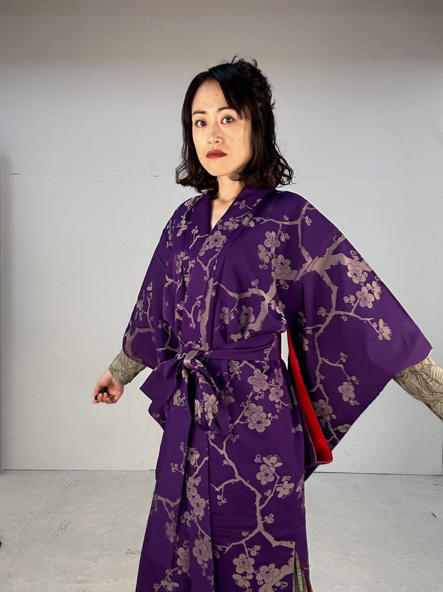 Kimono dress gown and string belt upcycled from Japanese kimono "komon ume"