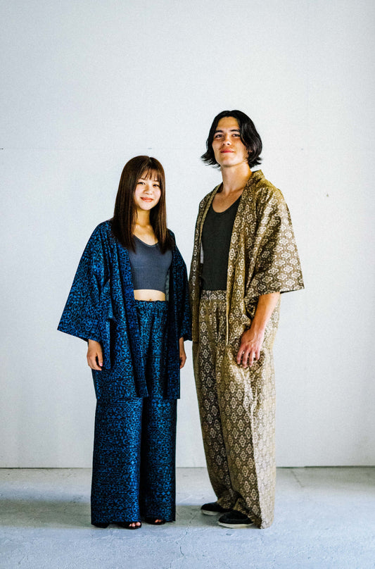 06blue Tsumugi HAORI and KIMONO elastic waist pants upcycled from Japanese kimono(Unisex)