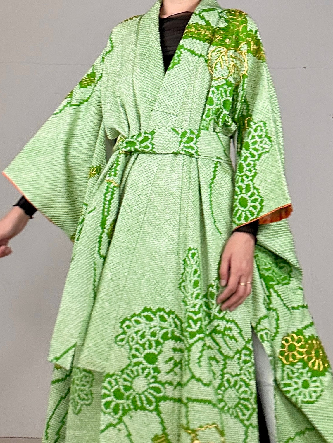 Furisode Kimono dress gown and string belt upcycled from Japanese kimono "shibori green"