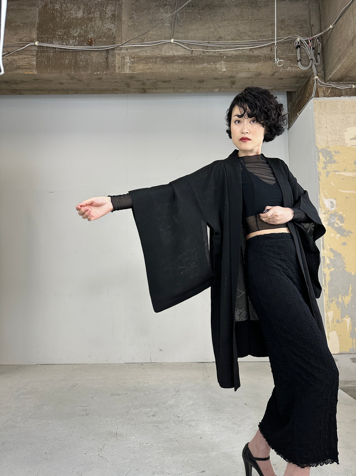 VINTAGE BLACK HAORI SHEER “ryusui_nadeshiko”