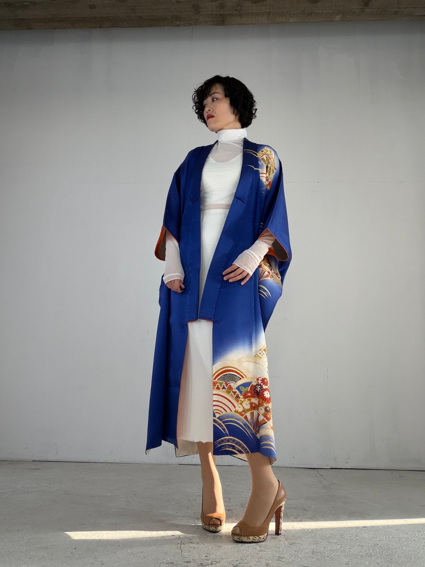 Houmongi Kimono Dress Gown with String Belt – Upcycled from Vintage Japanese Kimono "blue,genjiguruma, DRE033"