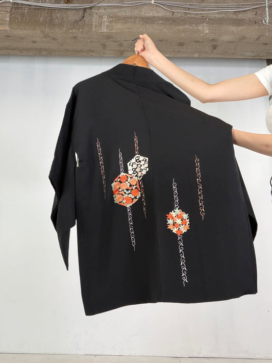 VINTAGE BLACK HAORI  "embroidery, BLK207"