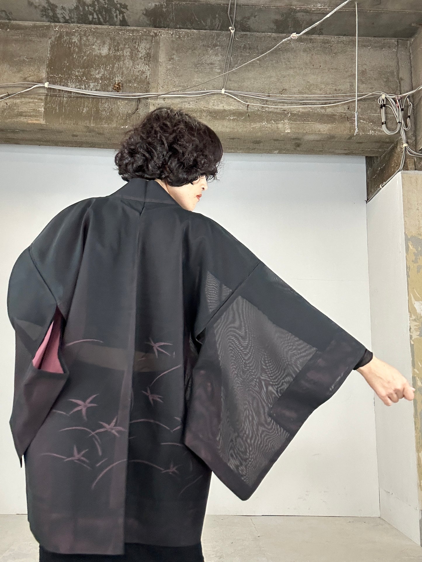 VINTAGE BLACK HAORI SHEER “aka 001 pink shibakusa"