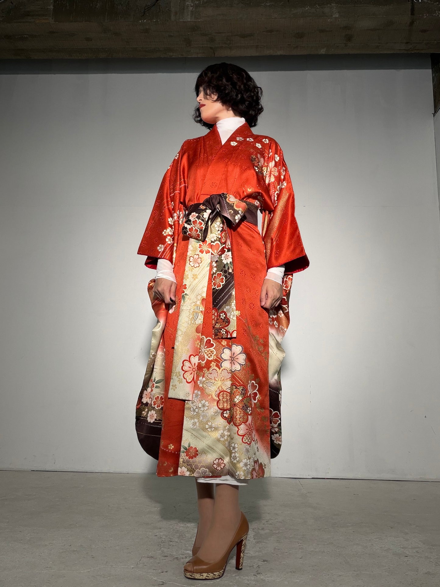 Furisode Kimono Dress Gown with String Belt – Upcycled from Vintage Japanese Kimono "red, cha, DRE037"