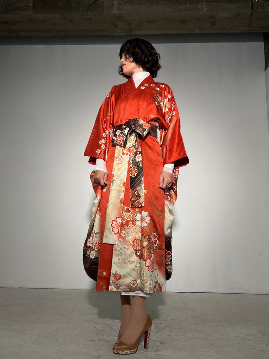 Furisode Kimono Dress Gown with String Belt – Upcycled from Vintage Japanese Kimono "red, cha, DRE037"