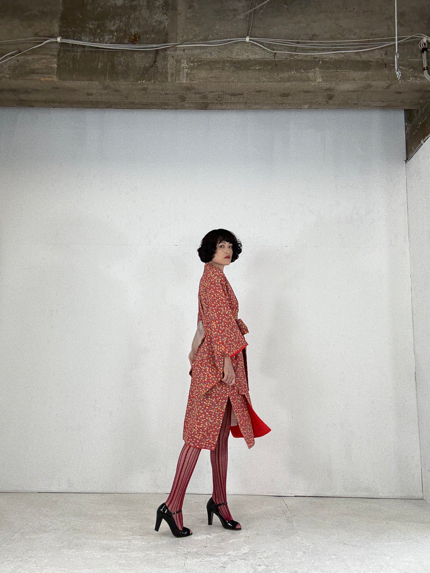 Kimono dress gown and string belt upcycled from Japanese kimono "tachibana" Big Ribbon