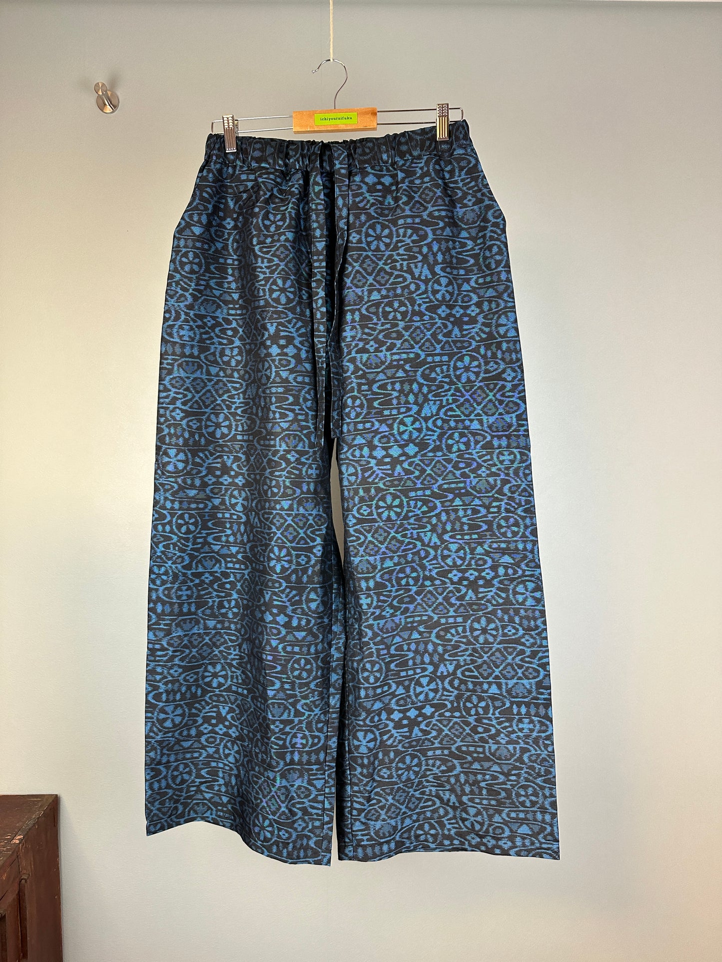 06blue Tsumugi HAORI and KIMONO elastic waist pants upcycled from Japanese kimono(Unisex)