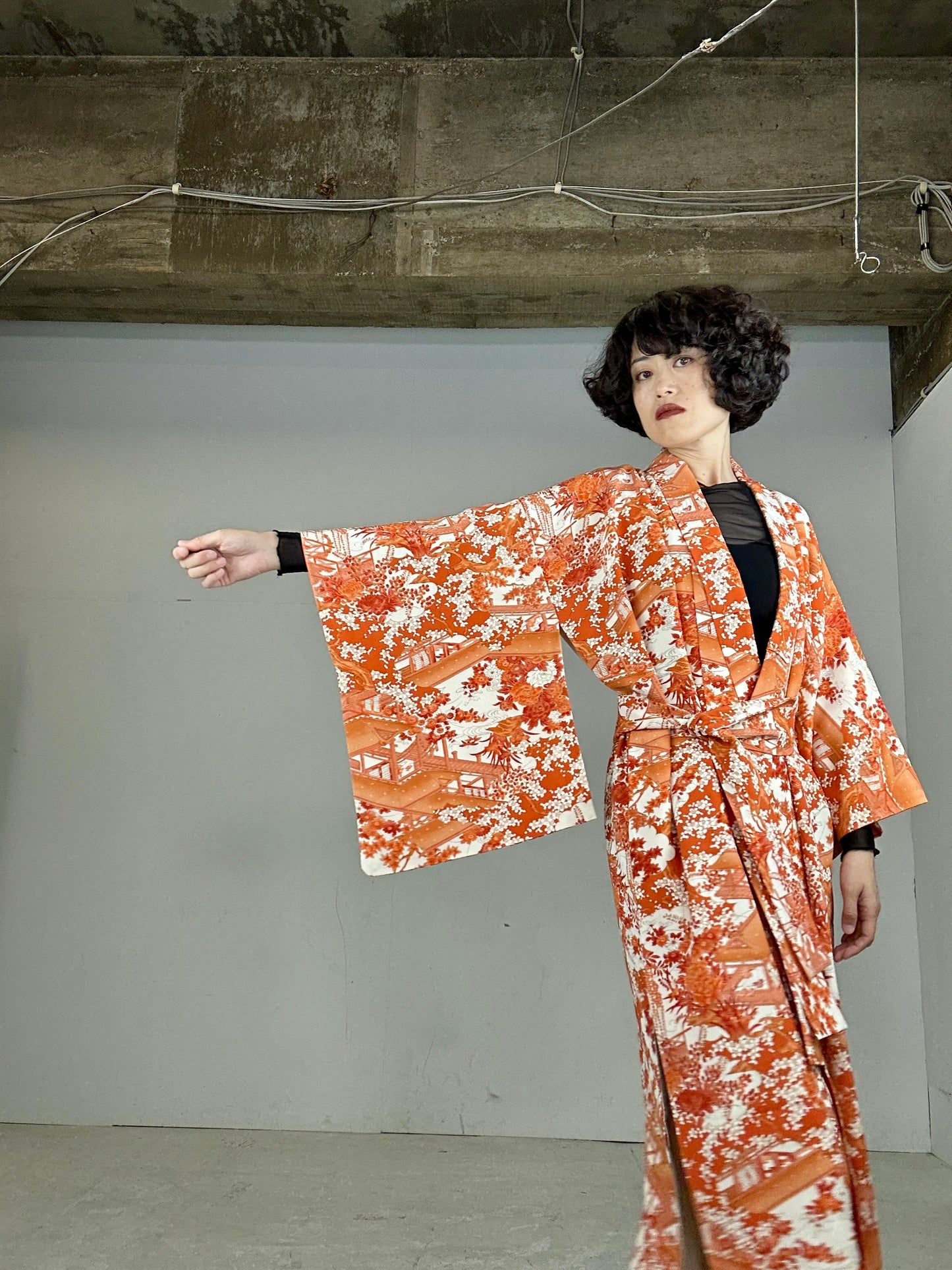 Kimono dress gown and string belt upcycled from Japanese kimono "komon orange shikikusabana"