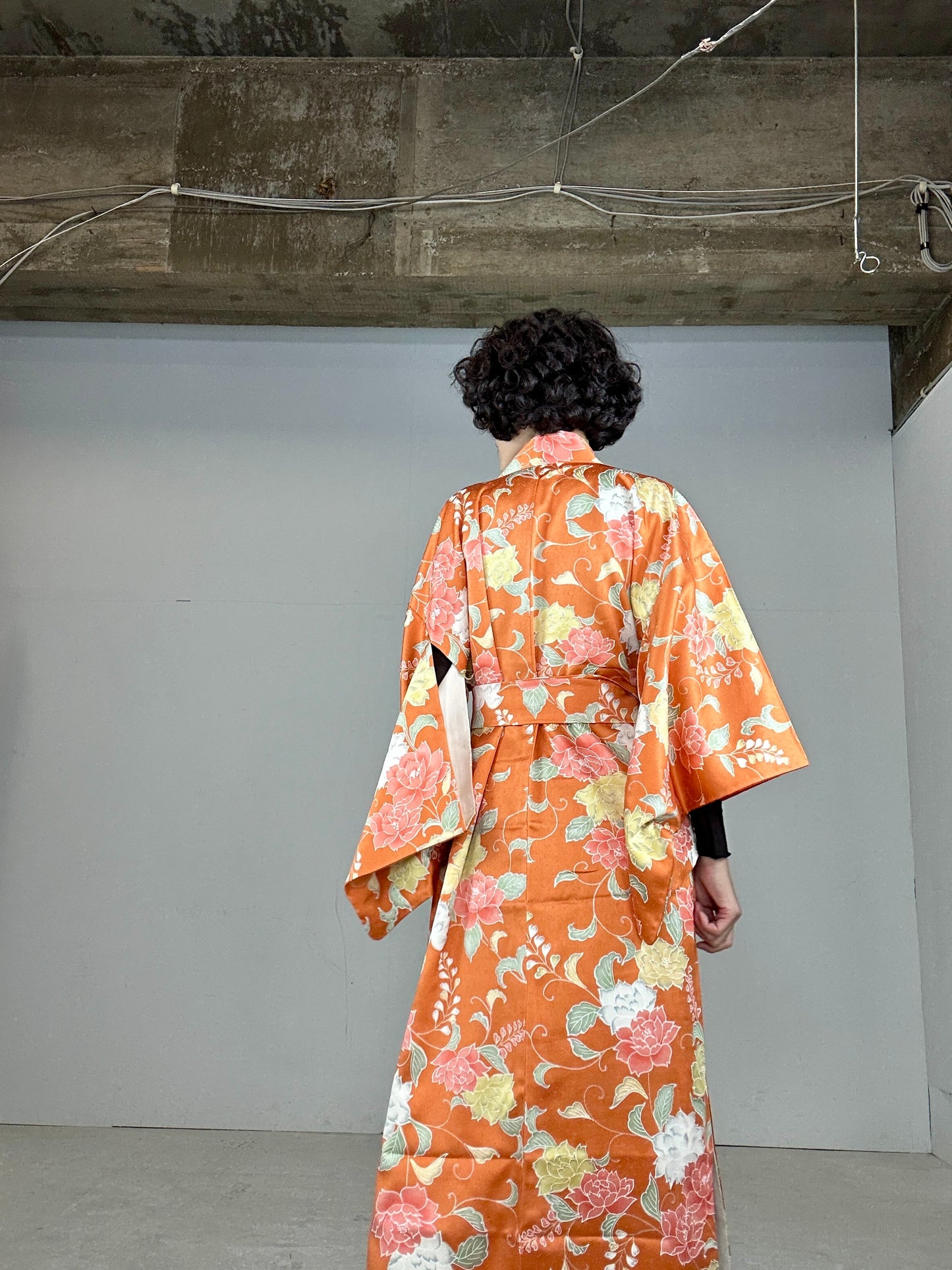 Kimono dress gown and string belt upcycled from Japanese kimono "komon youbana"