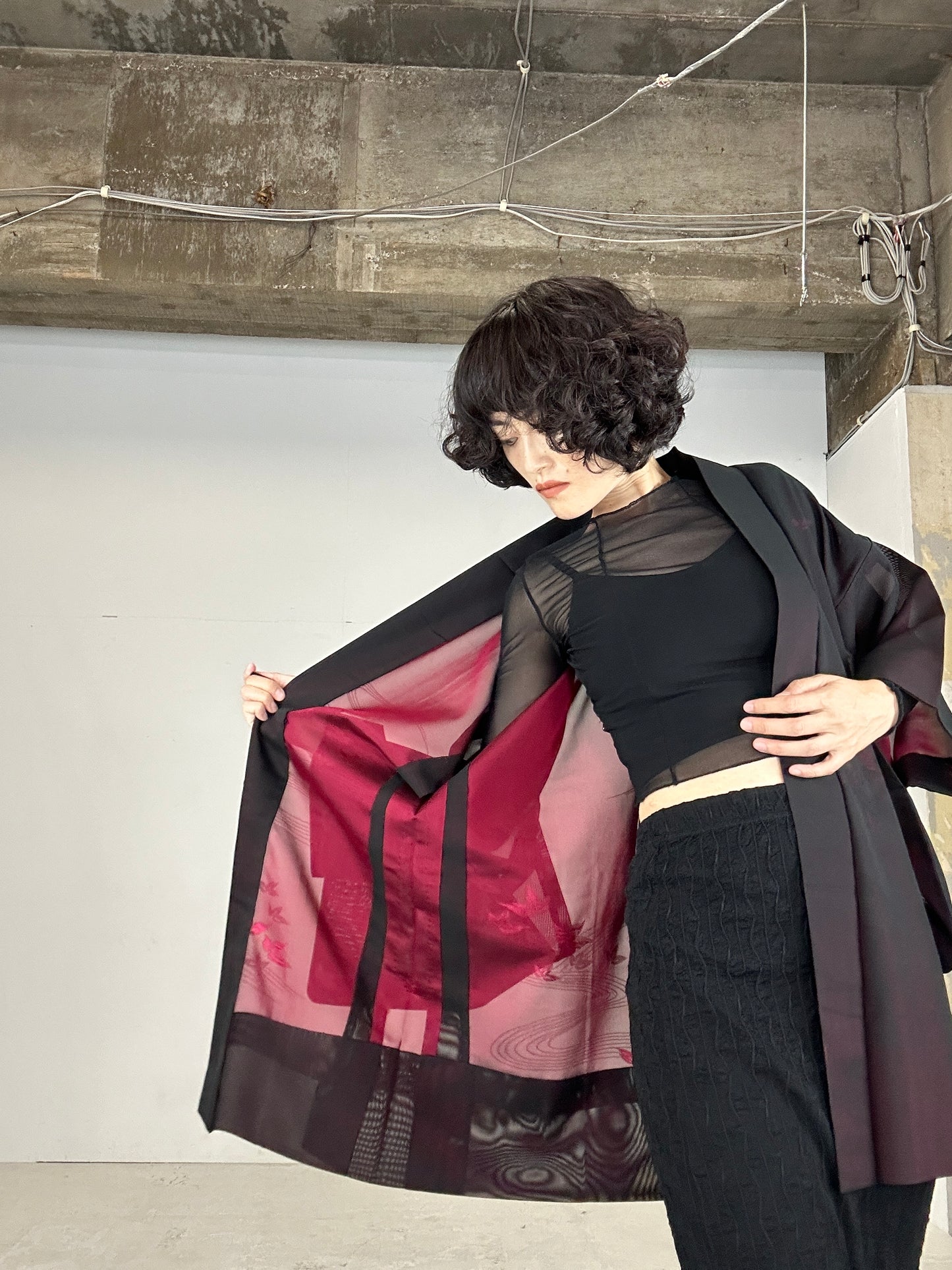 VINTAGE BLACK HAORI SHEER “aka 003 sasa ryusui"