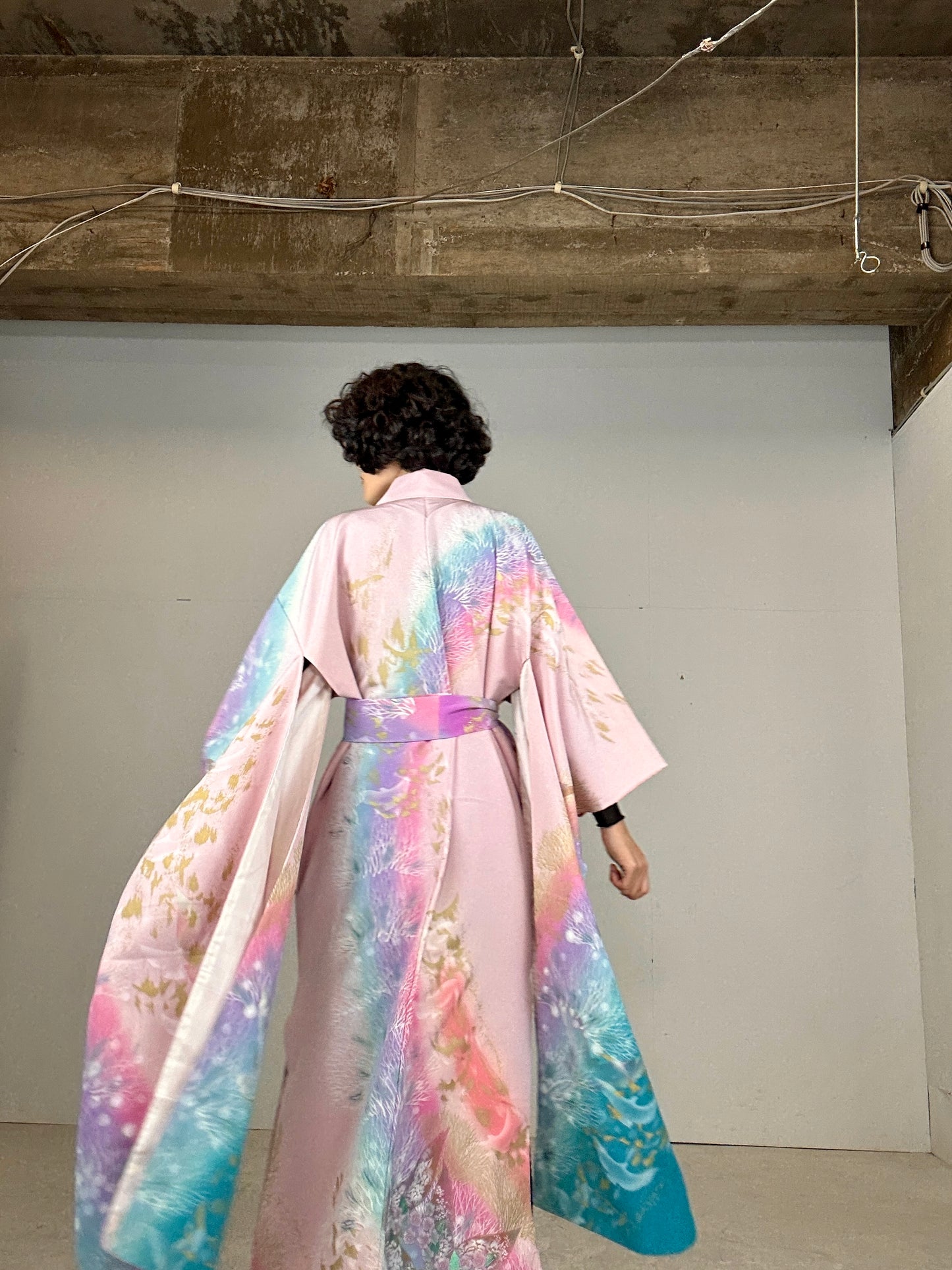 Furisode Kimono dress gown and string belt upcycled from Japanese kimono "sky gradient bird"