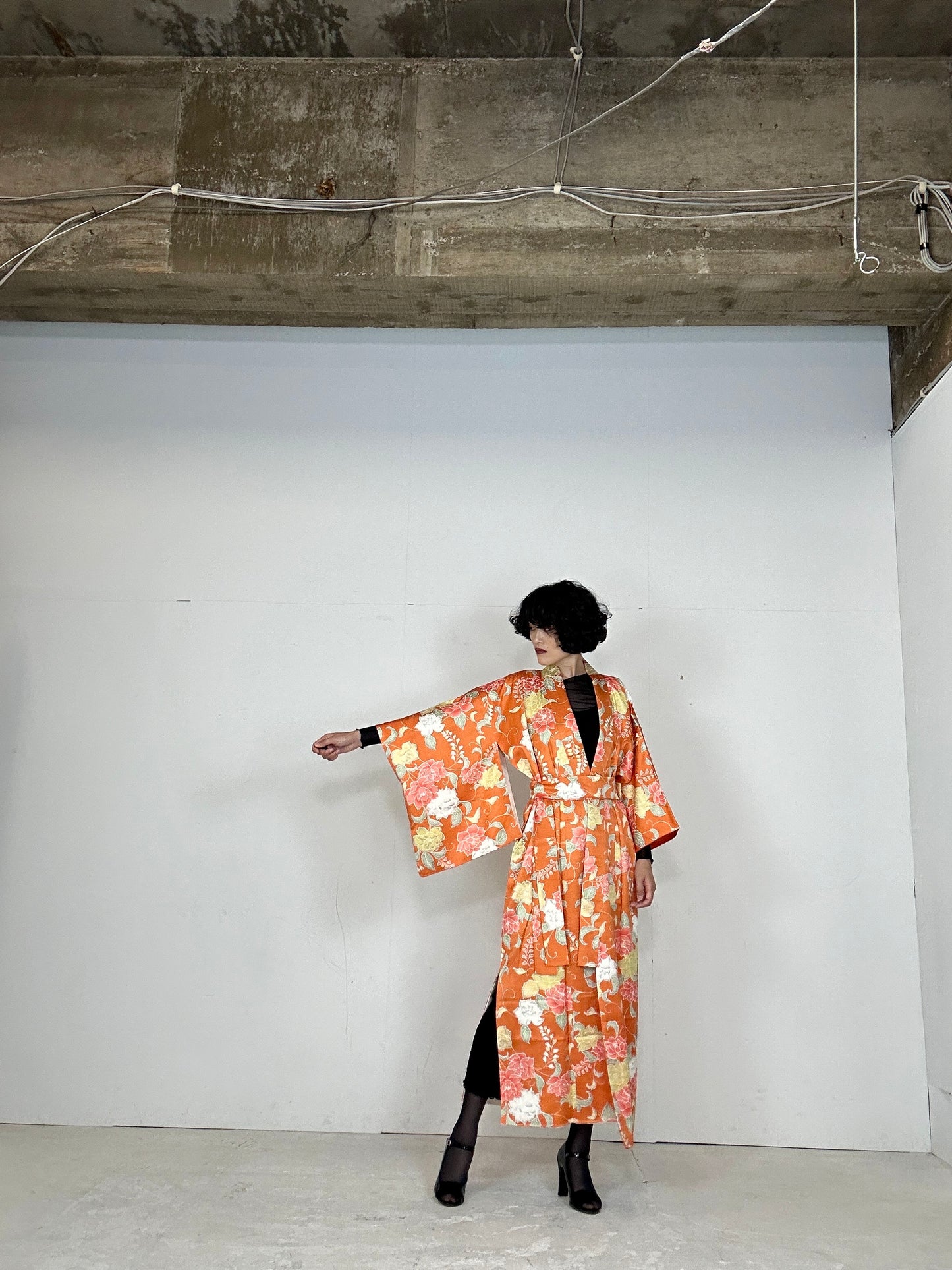 Kimono dress gown and string belt upcycled from Japanese kimono "komon youbana"