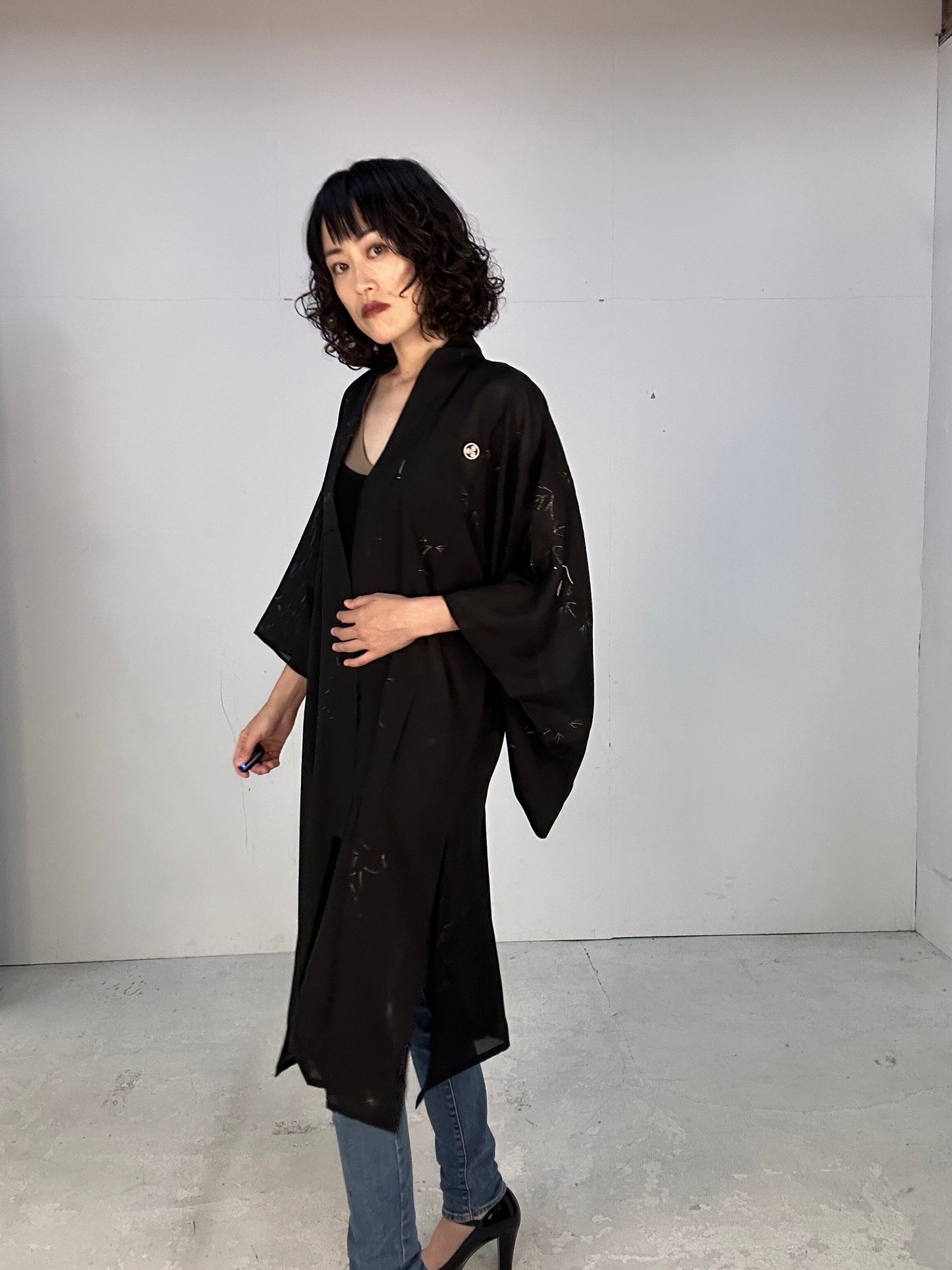 SHEER kimono dress gown and string belt upcycled from Japanese kimono "kin ashiato"