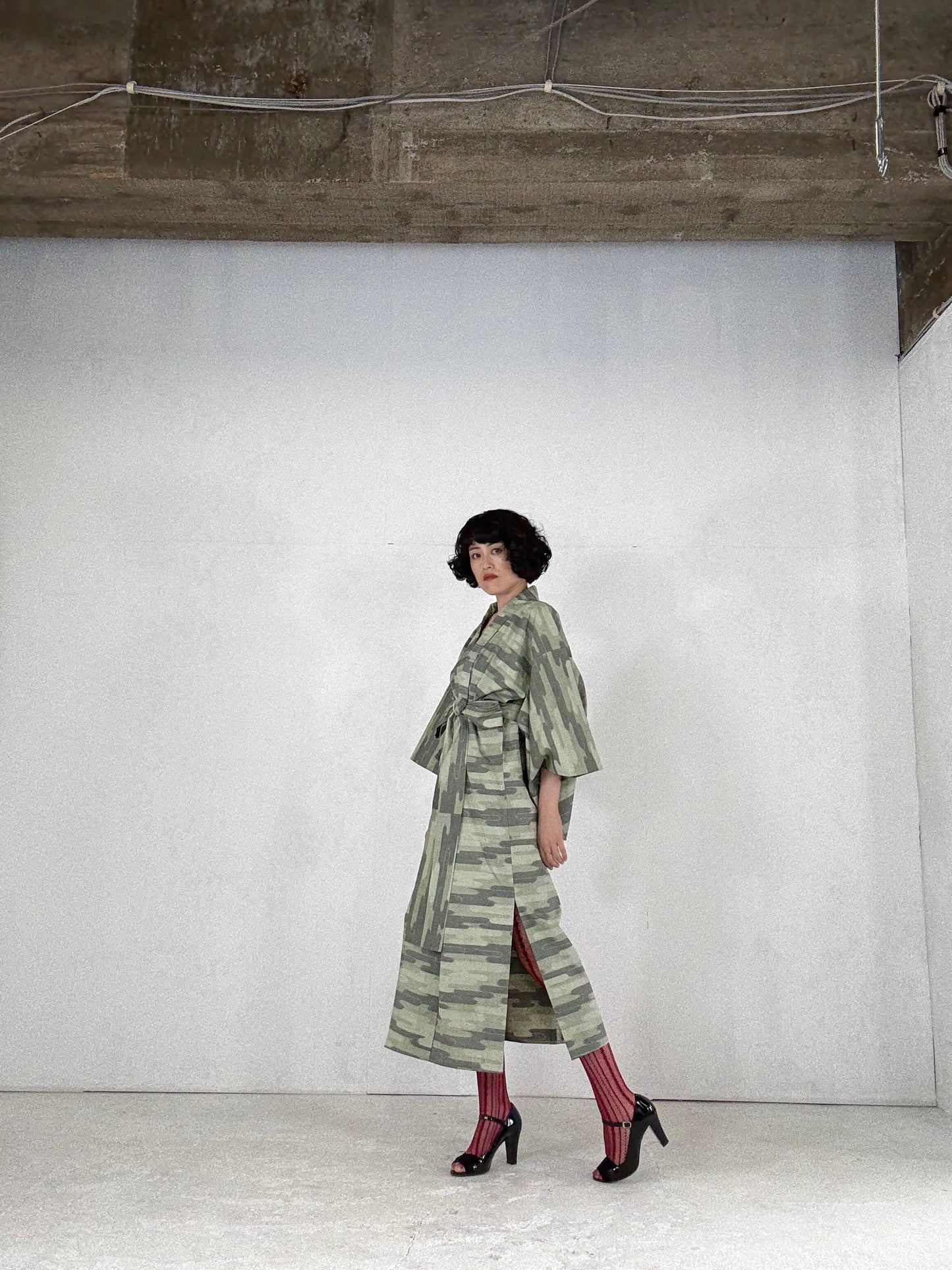 Kimono dress gown and string belt upcycled from Japanese kimono "tsumugi cloud pattern" :damage