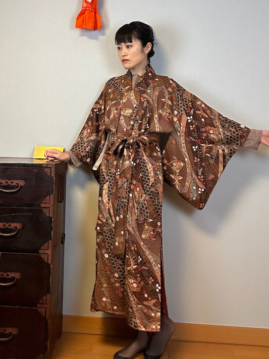 Kimono dress gown and string belt upcycled from Japanese kimono "KAGA YUZEN"