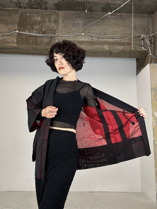 VINTAGE BLACK HAORI SHEER “aka 004 red shibakusa"