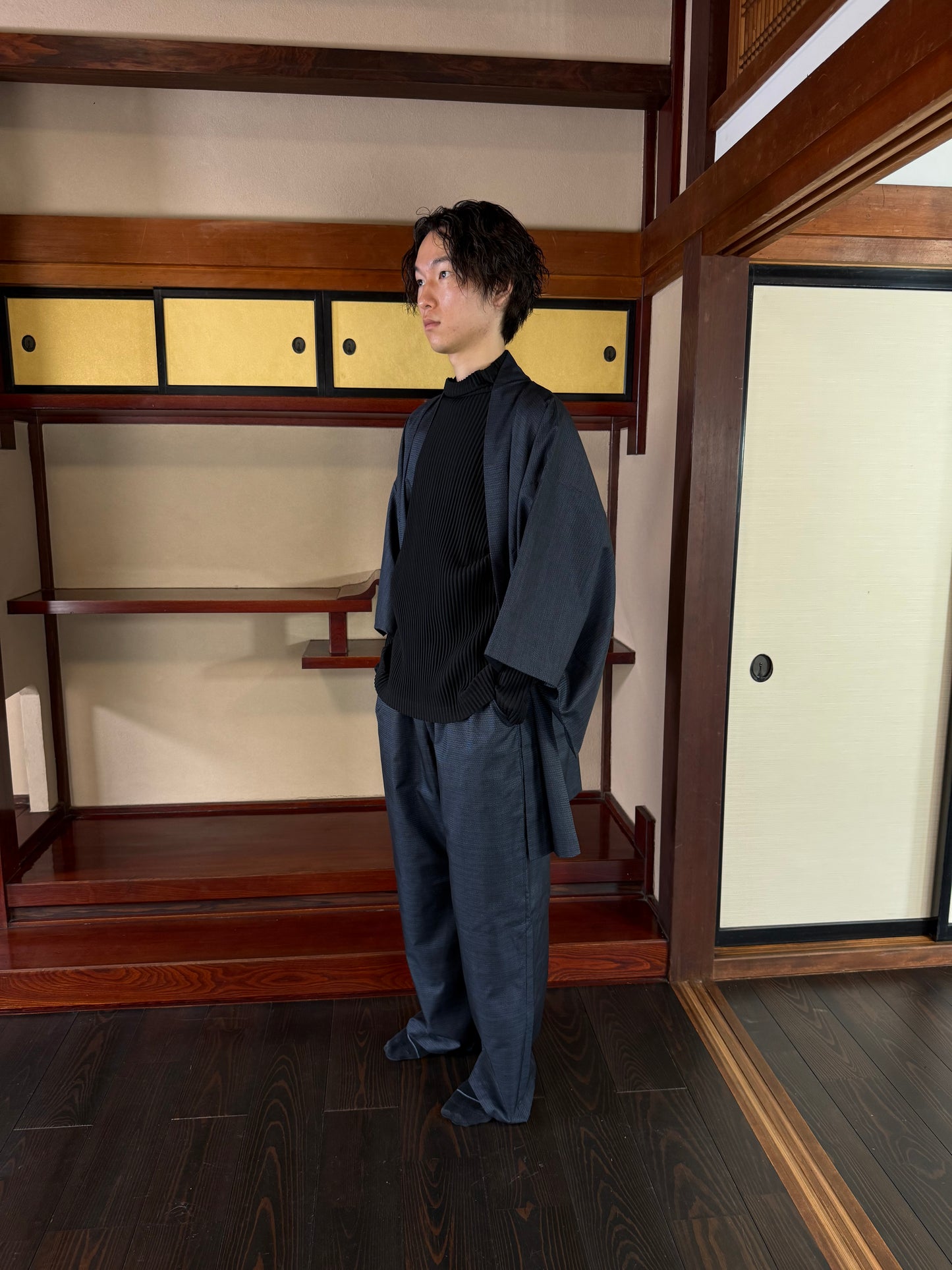 Oshima Tsumugi HAORI  and KIMONO elastic waist pants upcycled from Japanese kimono"keshiki, blue"version 2 shoshi ari