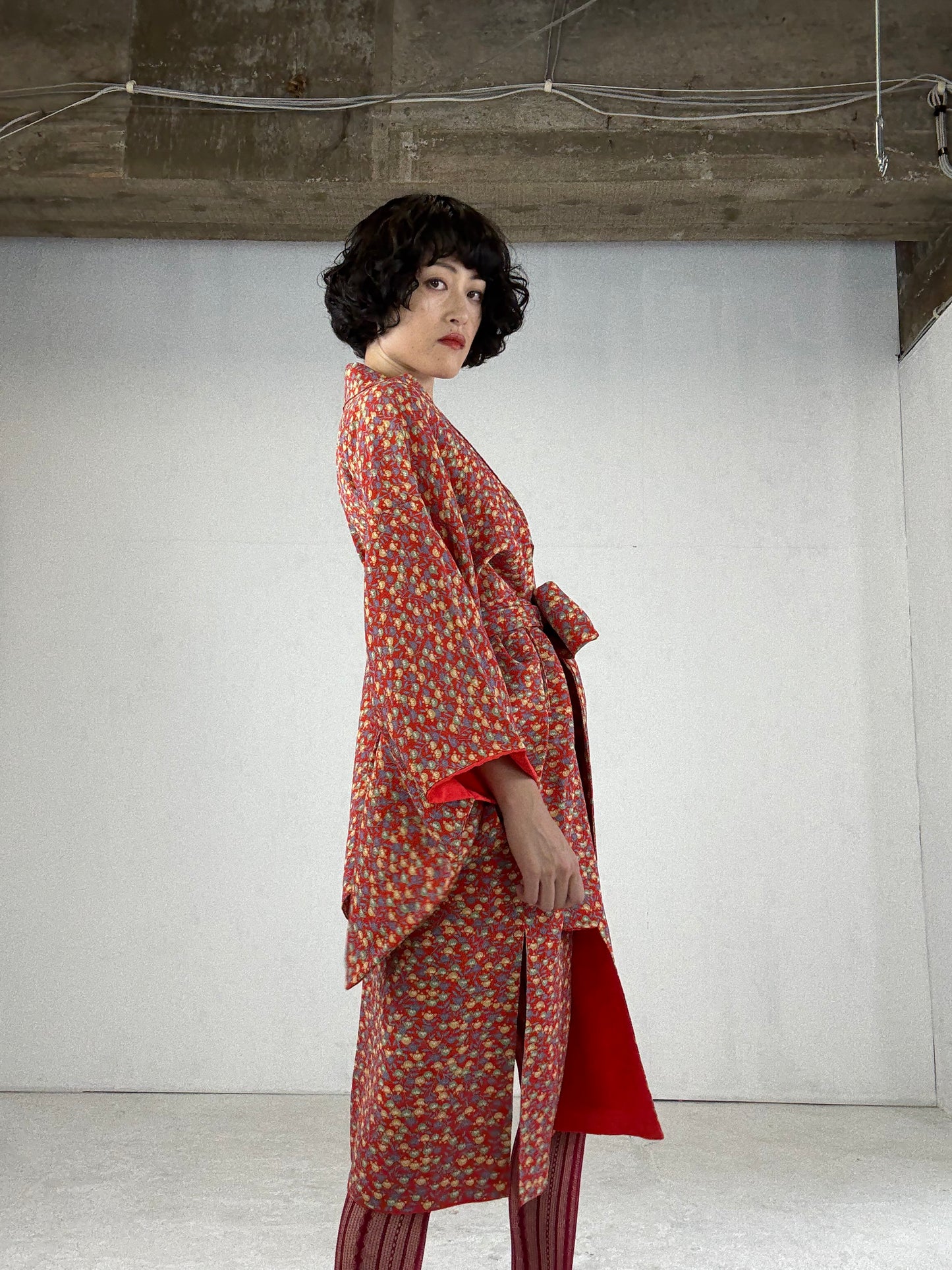 Kimono dress gown and string belt upcycled from Japanese kimono "tachibana" Big Ribbon