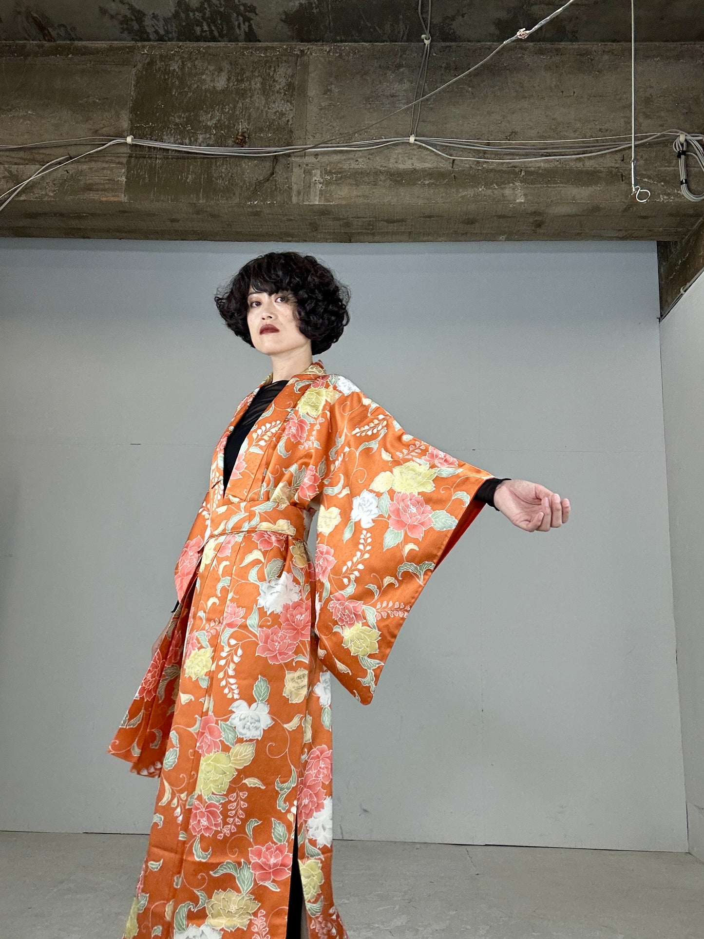 Kimono dress gown and string belt upcycled from Japanese kimono "komon youbana"