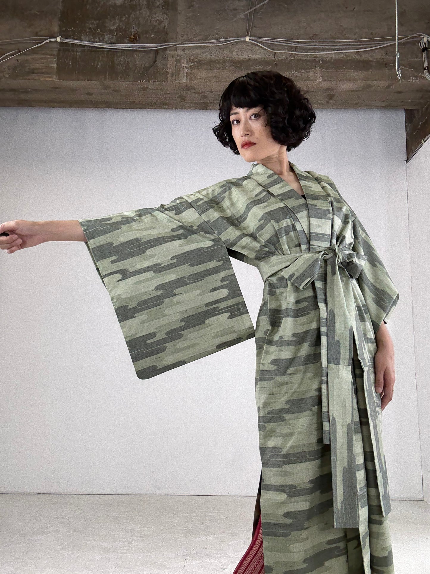 Kimono dress gown and string belt upcycled from Japanese kimono "tsumugi cloud pattern" :damage