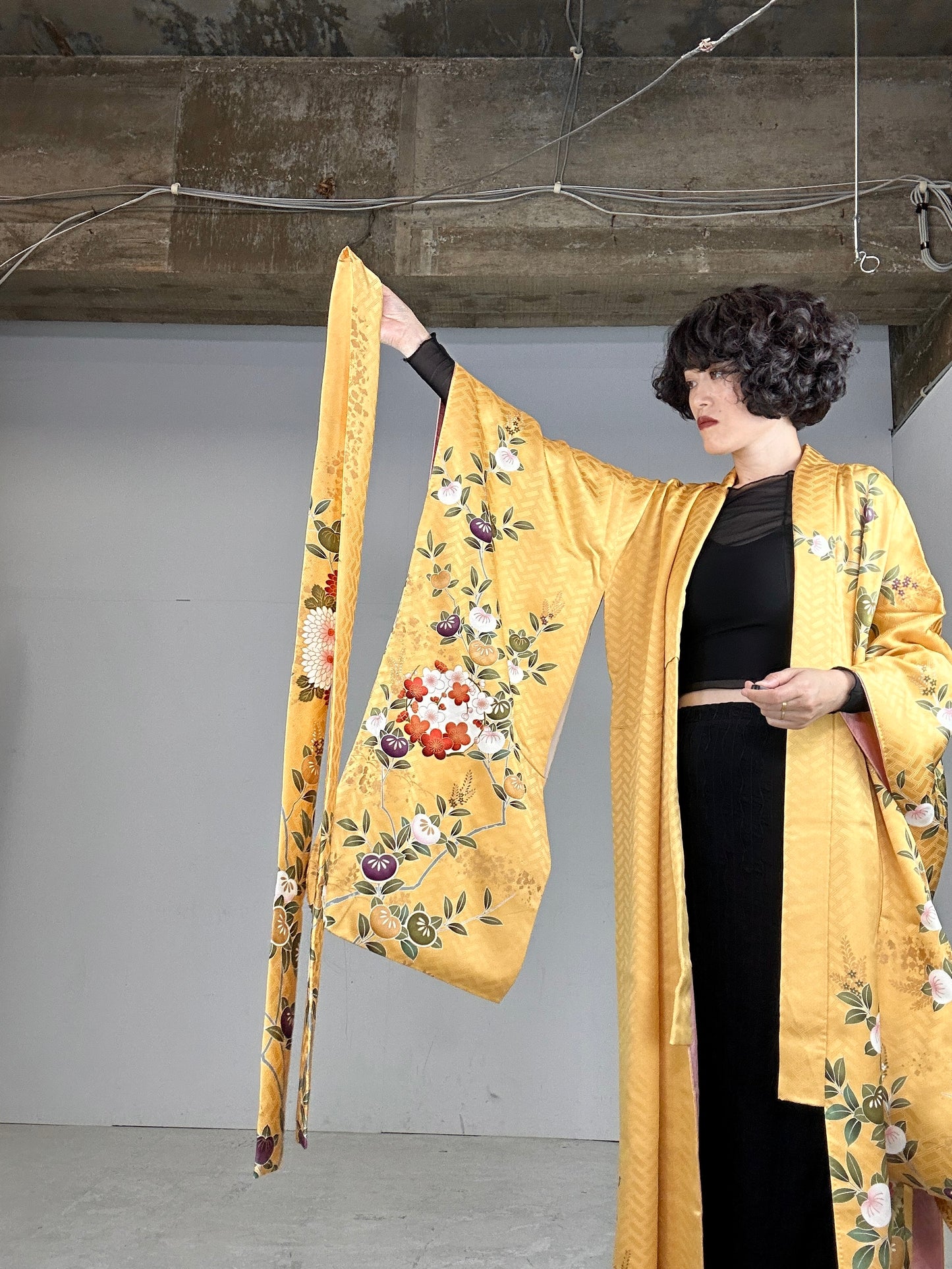 Furisode Kimono dress gown and string belt upcycled from Japanese kimono "yellow"