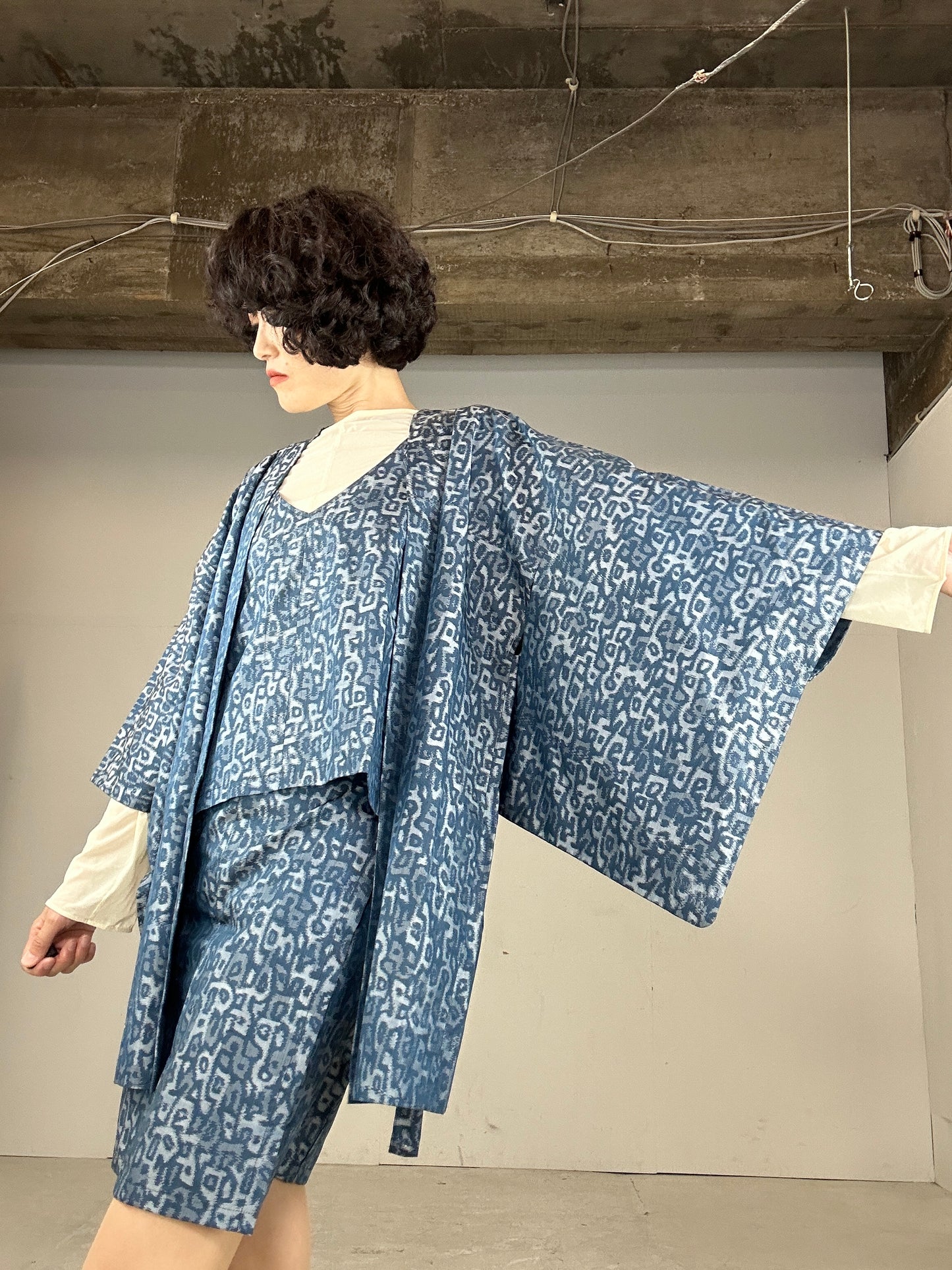 Tsumugi HAORI and KIMONO Skirt, Camisole upcycled from Japanese kimono"sarasa blue"