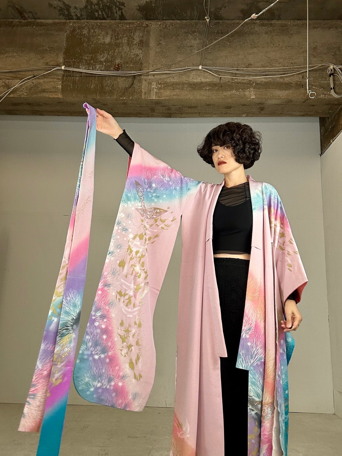 Furisode Kimono dress gown and string belt upcycled from Japanese kimono "sky gradient bird"