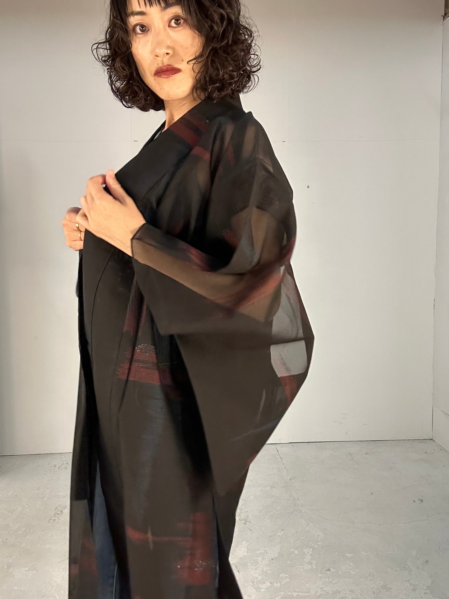 SHEER kimono dress gown and string belt upcycled from Japanese kimono "gin aka ao"