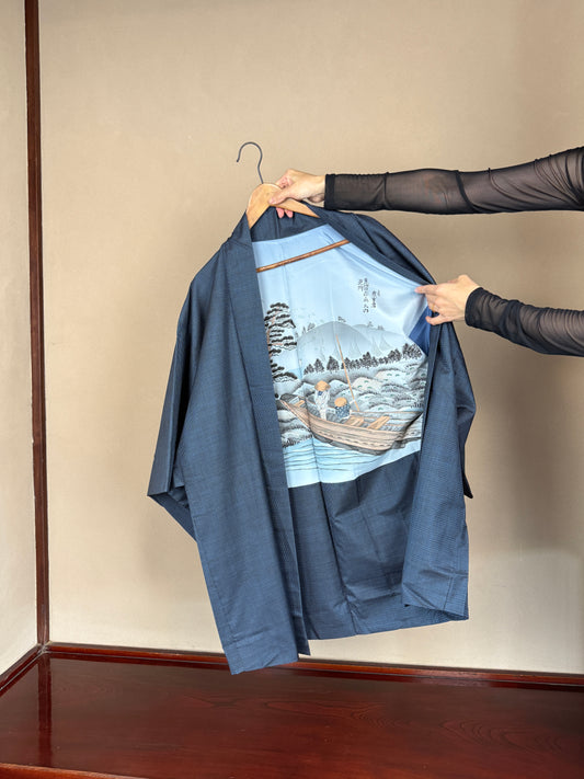 VINTAGE KAWAII HAORI oversized  "oshima, blue, fune ,yama , 001" *damage