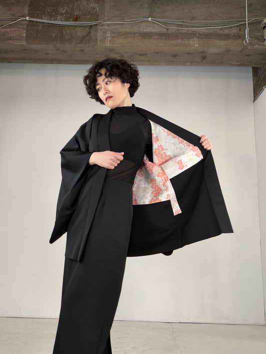 VINTAGE BLACK HAORI  "flower, BLK155"